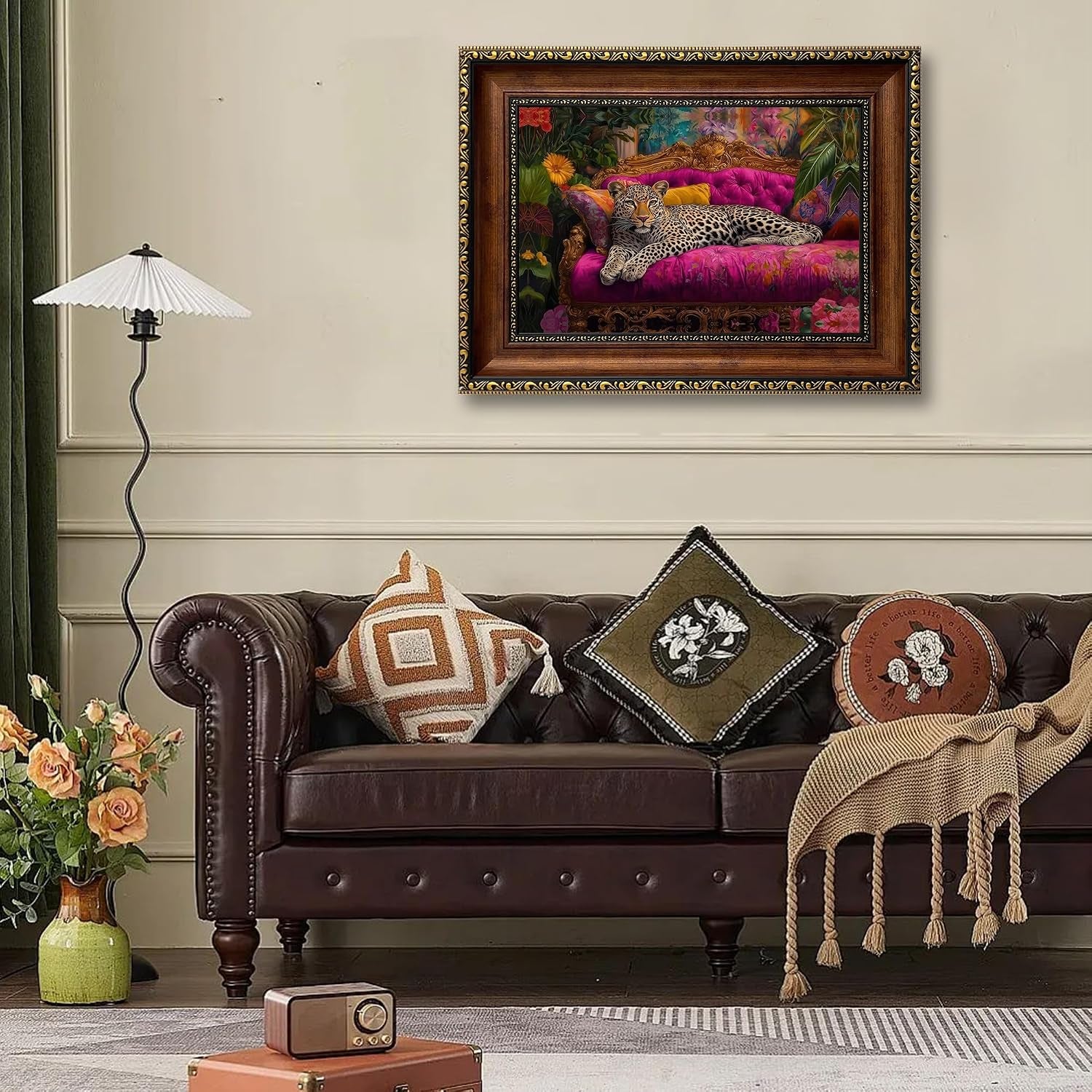 Retro Gold Framed Cheetah Lying on Pink Sofa Canvas Wall Art Eclectic Leopard Wall Decor Pictures Maximalist Animal Portrait Poster Prints for Living Room Home Bedroom Home Decoration 12X16In