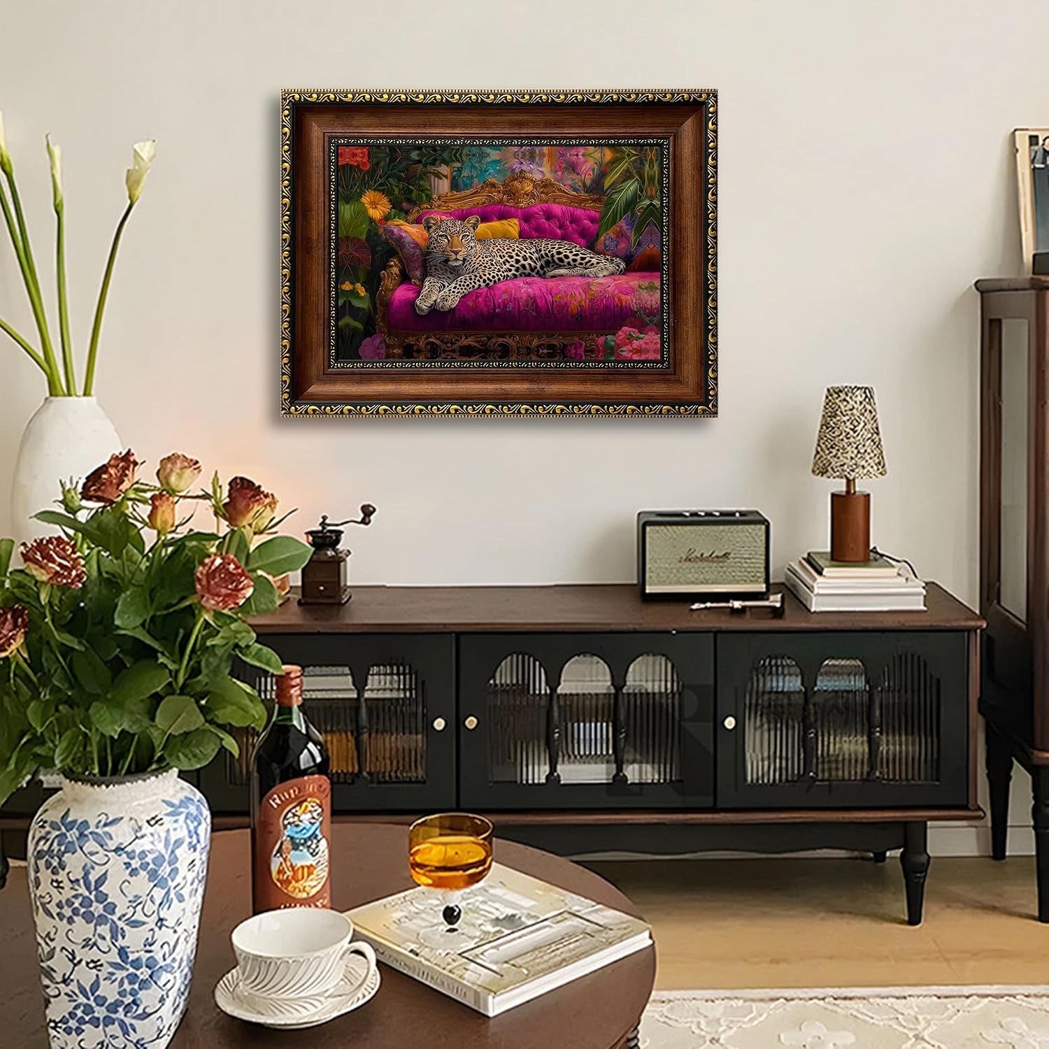 Retro Gold Framed Cheetah Lying on Pink Sofa Canvas Wall Art Eclectic Leopard Wall Decor Pictures Maximalist Animal Portrait Poster Prints for Living Room Home Bedroom Home Decoration 12X16In