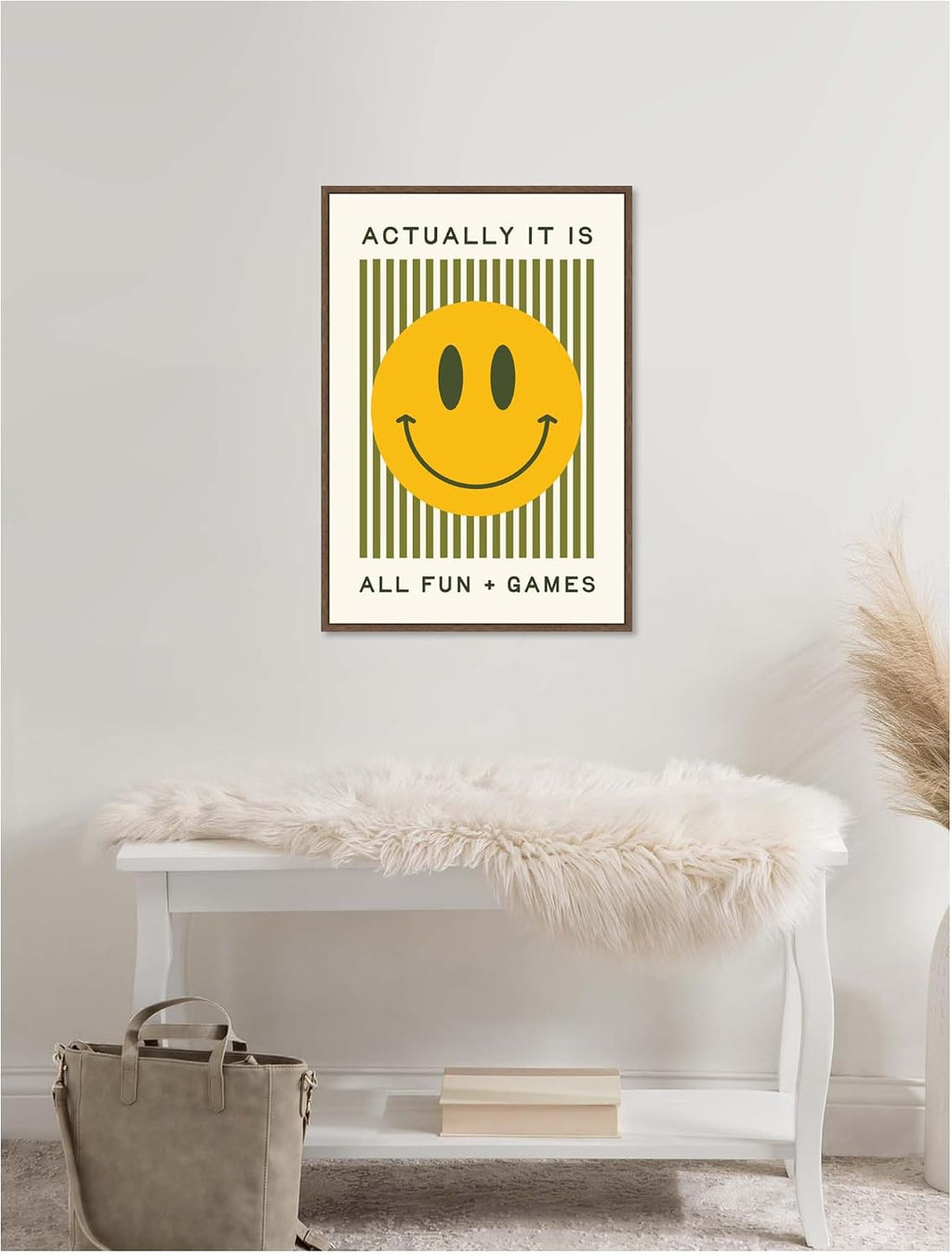 Framed Canvas Wall Art Print It Is All Fun and Games Striped Poster, Dopamine Decor, Smiley Face Retro Print by Lucky Guava, 23 X 33 Sylvie Walnut Frame, Modern Contemporary,