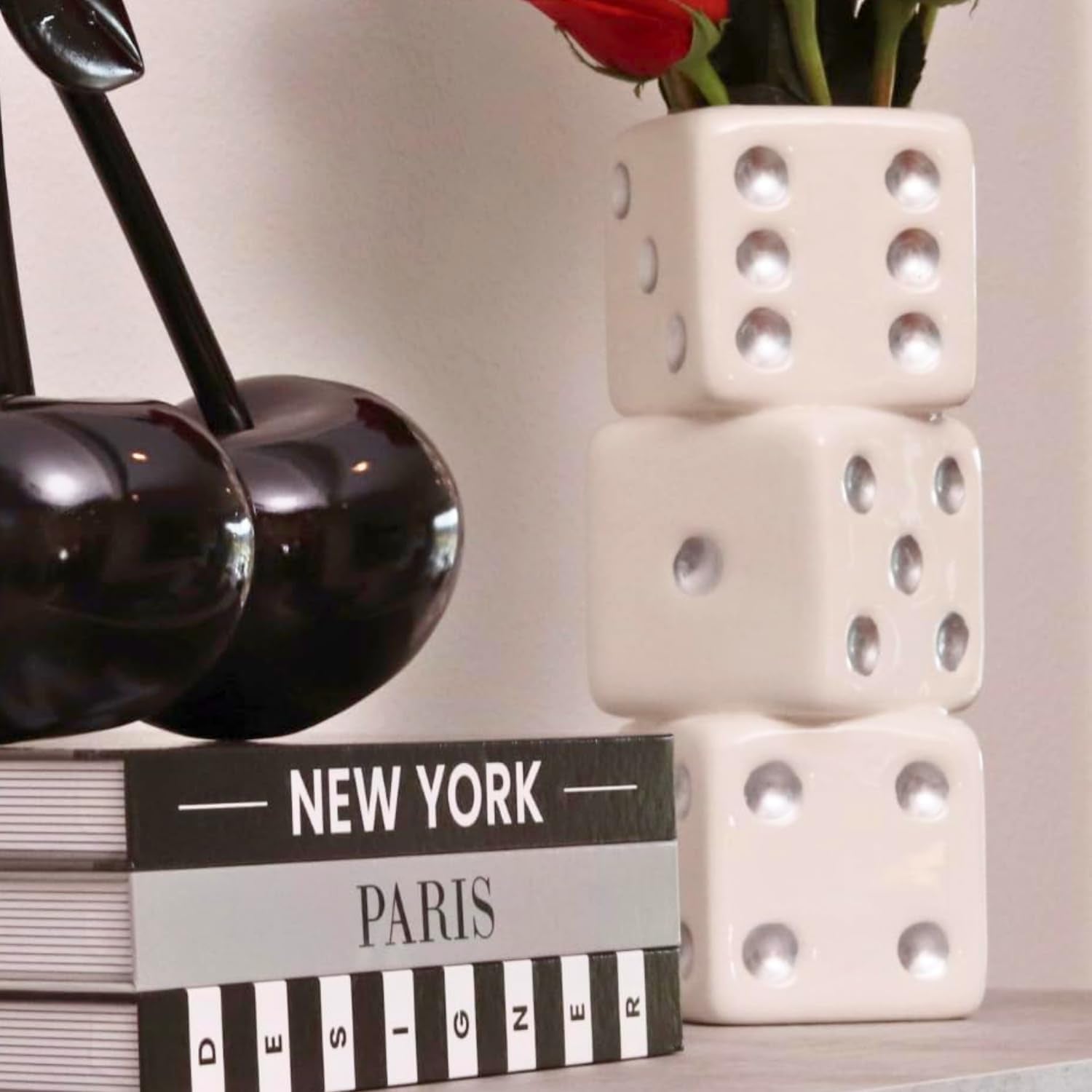 White & Silver Triple Dice Vase, Maximalist Decor Ceramic Flower Vase, Retro Home Decor for Desk, Shelf, Table, Bar Cart & Vanity, Unique, Funky, Trendy & Cool Room Decor