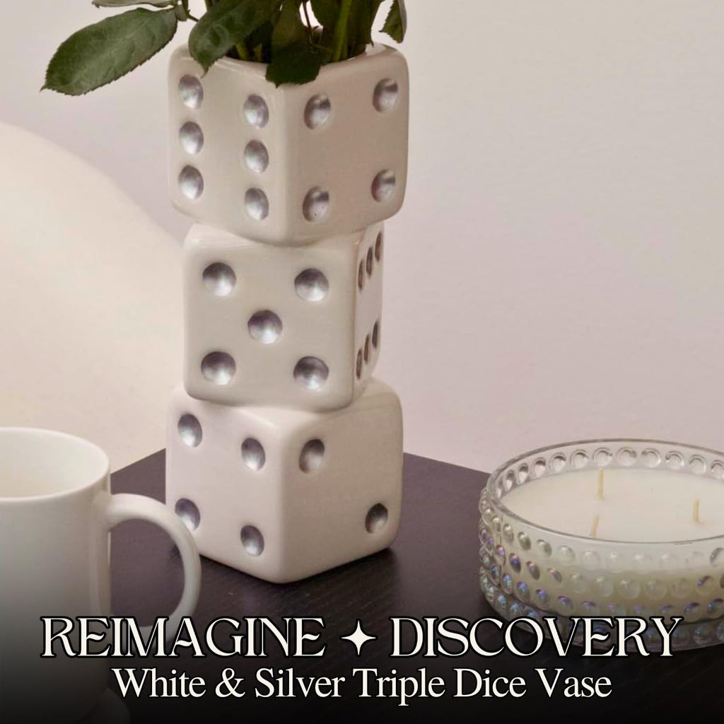 White & Silver Triple Dice Vase, Maximalist Decor Ceramic Flower Vase, Retro Home Decor for Desk, Shelf, Table, Bar Cart & Vanity, Unique, Funky, Trendy & Cool Room Decor