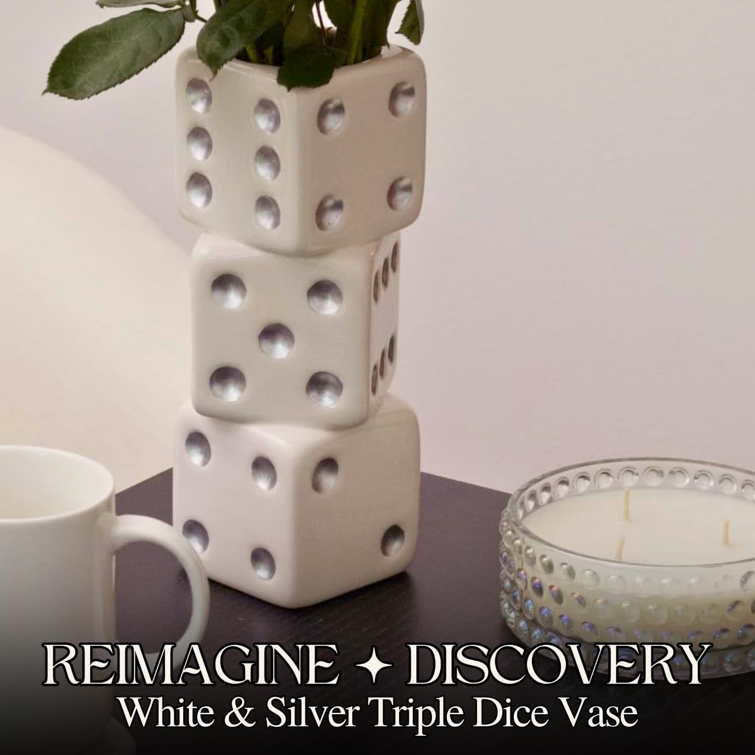 White & Silver Triple Dice Vase, Maximalist Decor Ceramic Flower Vase, Retro Home Decor for Desk, Shelf, Table, Bar Cart & Vanity, Unique, Funky, Trendy & Cool Room Decor