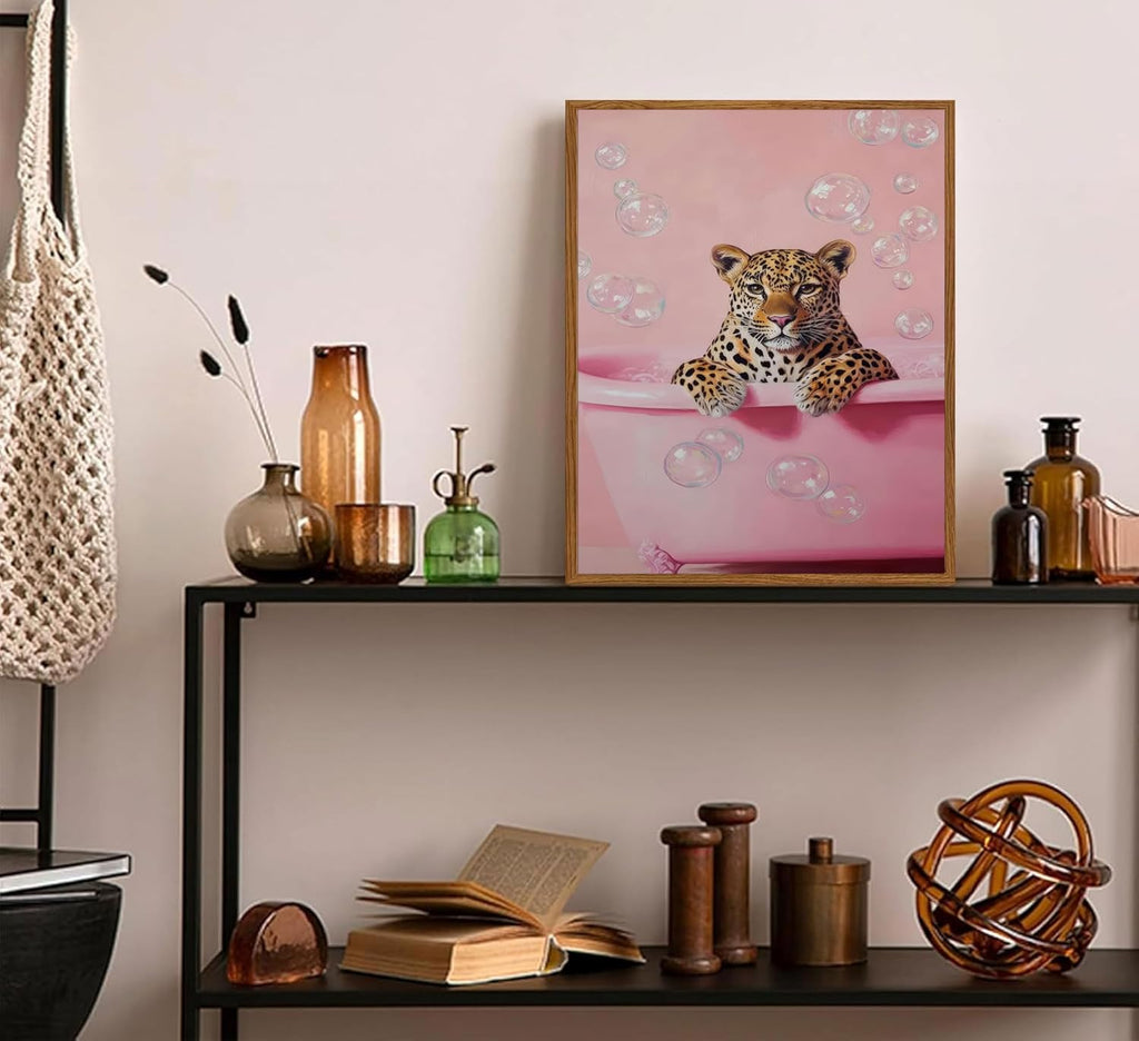 Framed Cheetah Bathroom Wall Art Pink Leopard in Bathtub Canvas Poster Funny Leopard Bathroom Print Maximalist Art Painting Trendy Bath Bubbles Wall Decor Ready to Hang