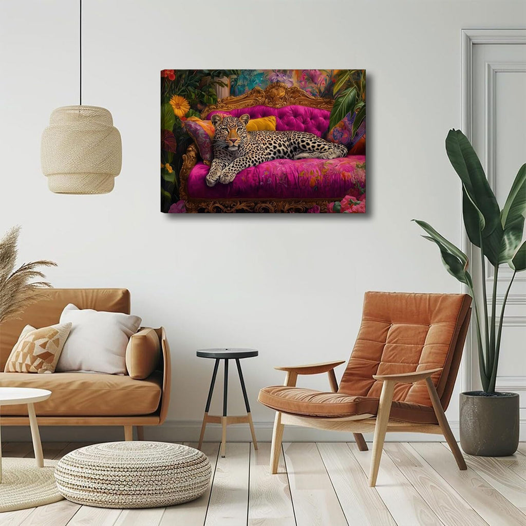 Cheetah Lying on Pink Sofa Canvas Wall Art Eclectic Leopard Wall Decor Pictures Maximalist Animal Portrait Poster Prints for Living Room Home Bedroom Home Decoration 12X16In Ready to Hang