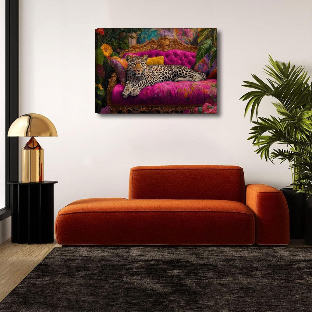 Cheetah Lying on Pink Sofa Canvas Wall Art Eclectic Leopard Wall Decor Pictures Maximalist Animal Portrait Poster Prints for Living Room Home Bedroom Home Decoration 12X16In Ready to Hang