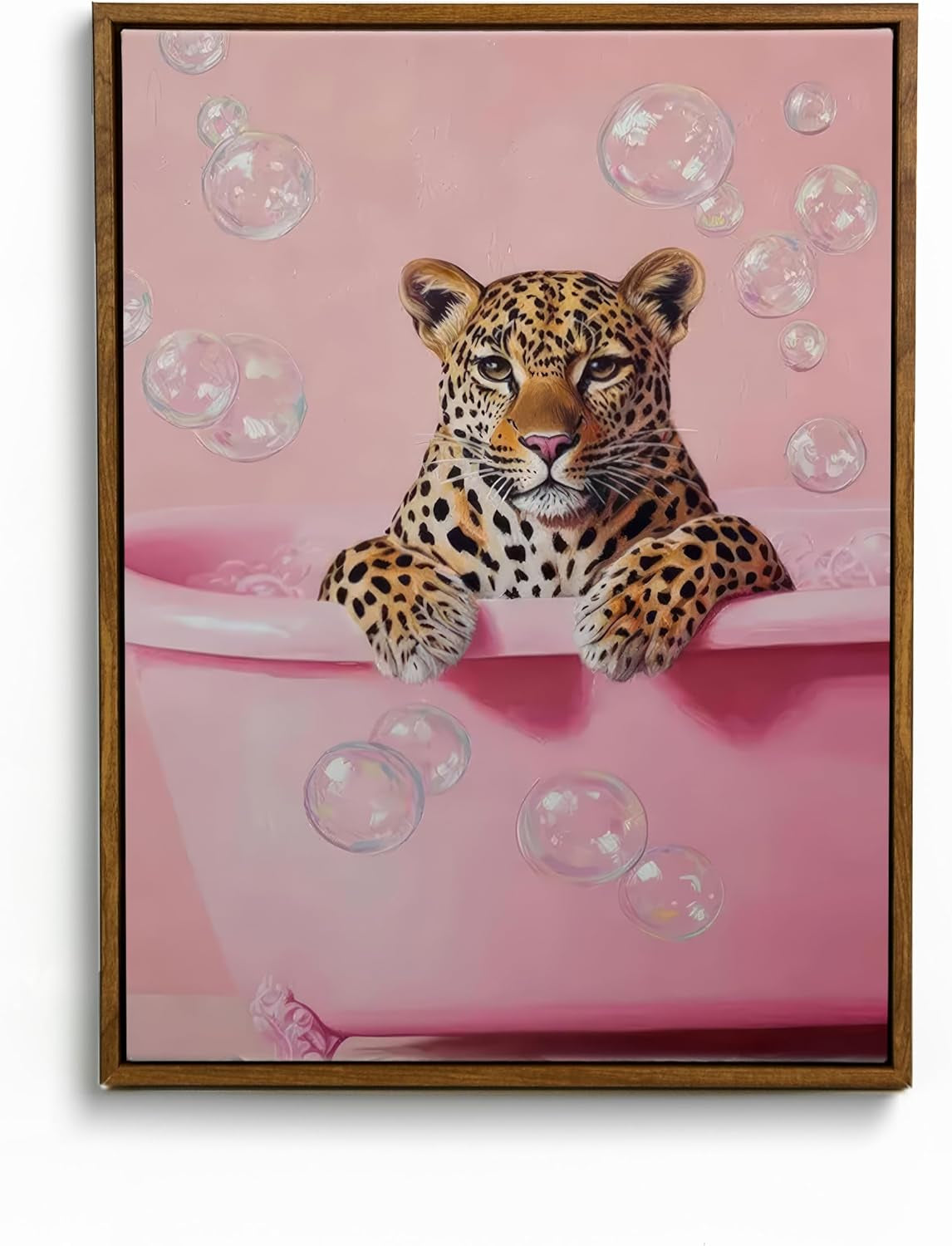 Framed Cheetah Bathroom Wall Art Pink Leopard in Bathtub Canvas Poster Funny Leopard Bathroom Print Maximalist Art Painting Trendy Bath Bubbles Wall Decor Ready to Hang