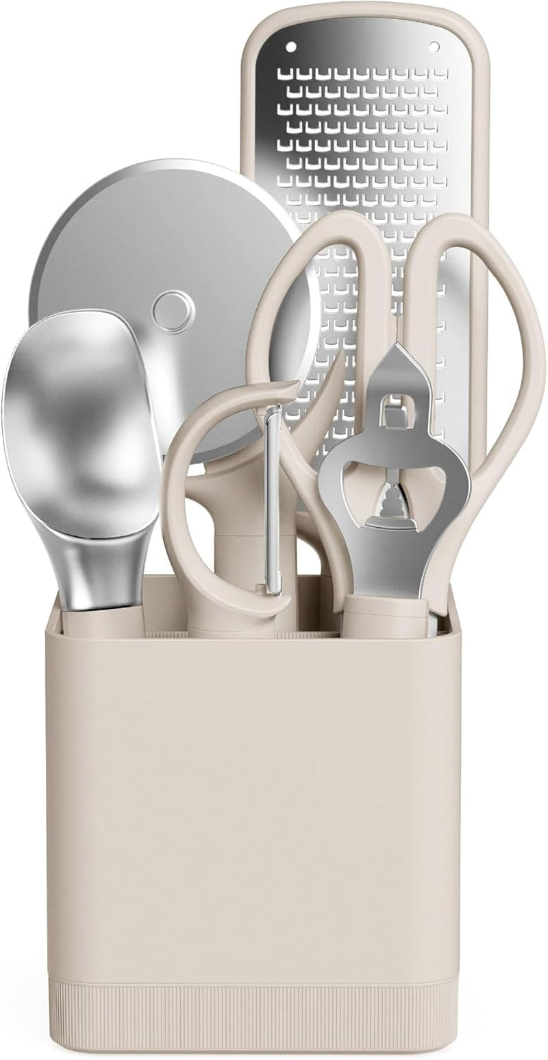 7-Piece Modular Gadget Set, Grater, Pizza Cutter, Ice Cream Scoop, Peeler, Shears, Bottle Opener, Crock with Removable Divider, Dishwasher Safe, Oatmilk