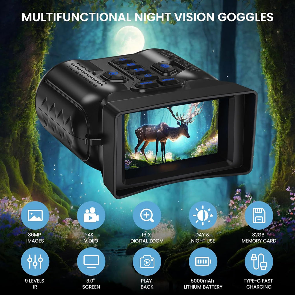 Night Vision Goggles,4K Night Vision Binoculars for Adults with 5000Mah Rechargeable Battery,1000Ft Infrared Range,16X Zoom,32Gb TF Card,Photo&Video Recording,Compact Design,Ideal Gifts for Men