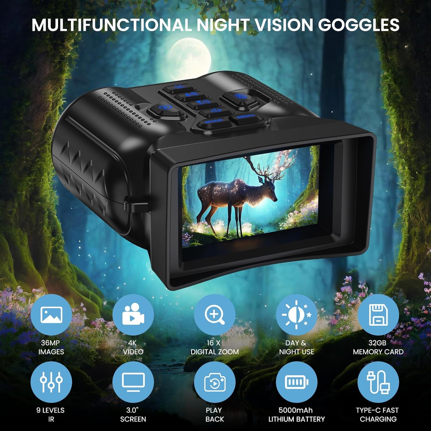 Night Vision Goggles,4K Night Vision Binoculars for Adults with 5000Mah Rechargeable Battery,1000Ft Infrared Range,16X Zoom,32Gb TF Card,Photo&Video Recording,Compact Design,Ideal Gifts for Men