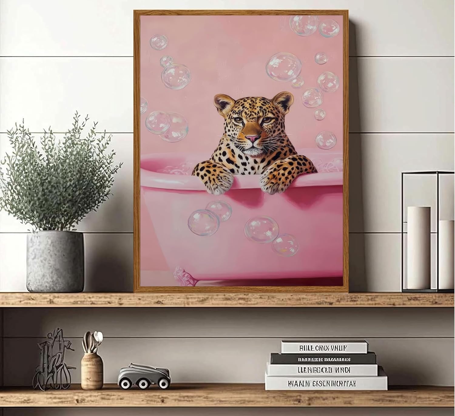 Framed Cheetah Bathroom Wall Art Pink Leopard in Bathtub Canvas Poster Funny Leopard Bathroom Print Maximalist Art Painting Trendy Bath Bubbles Wall Decor Ready to Hang