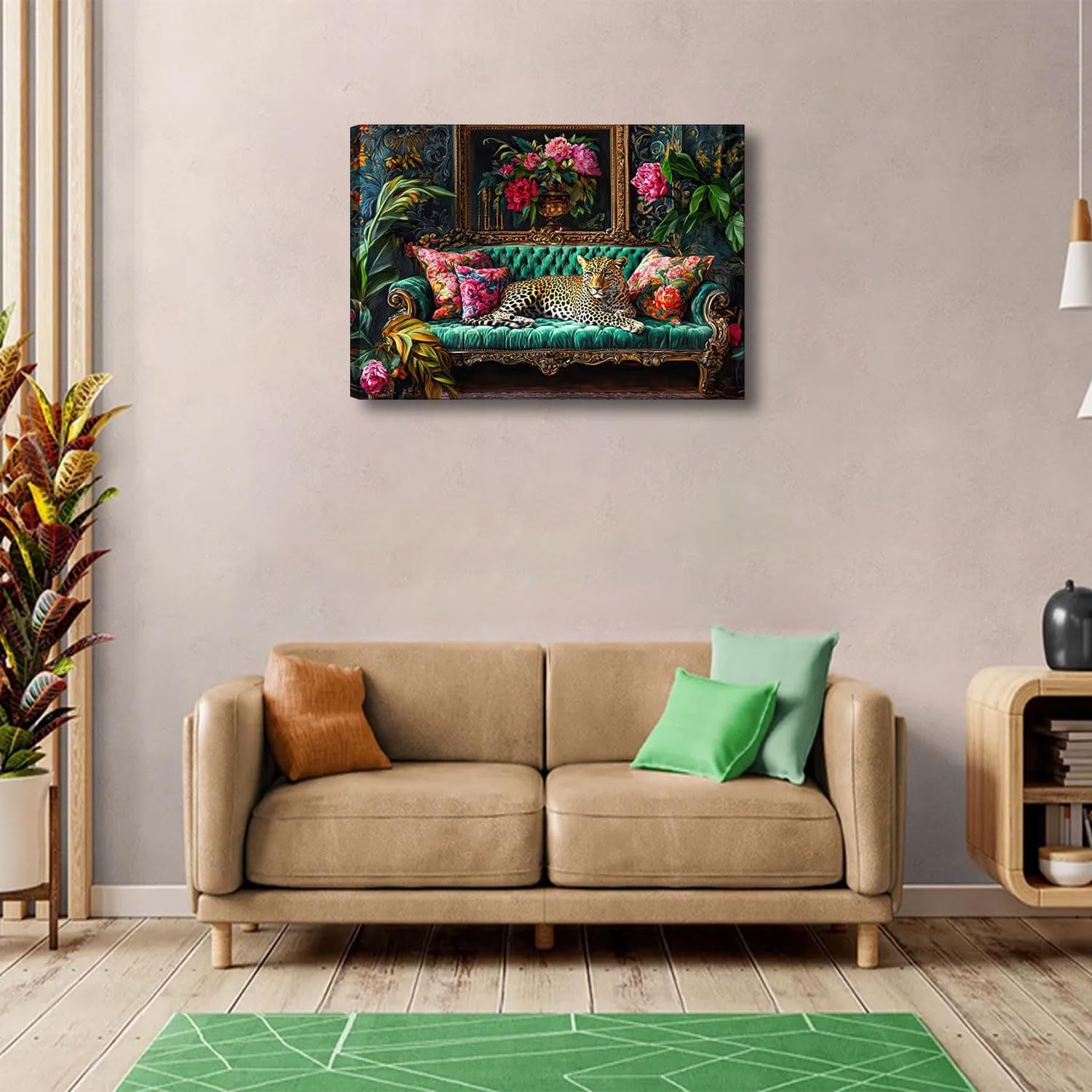 Cheetah Lying on Vintage Sofa Canvas Wall Art Eclectic Leopard Wall Decor Pictures Dopamine Animal Portrait Poster Prints for Living Room Home Bedroom Home Decoration 24X36In Ready to Hang