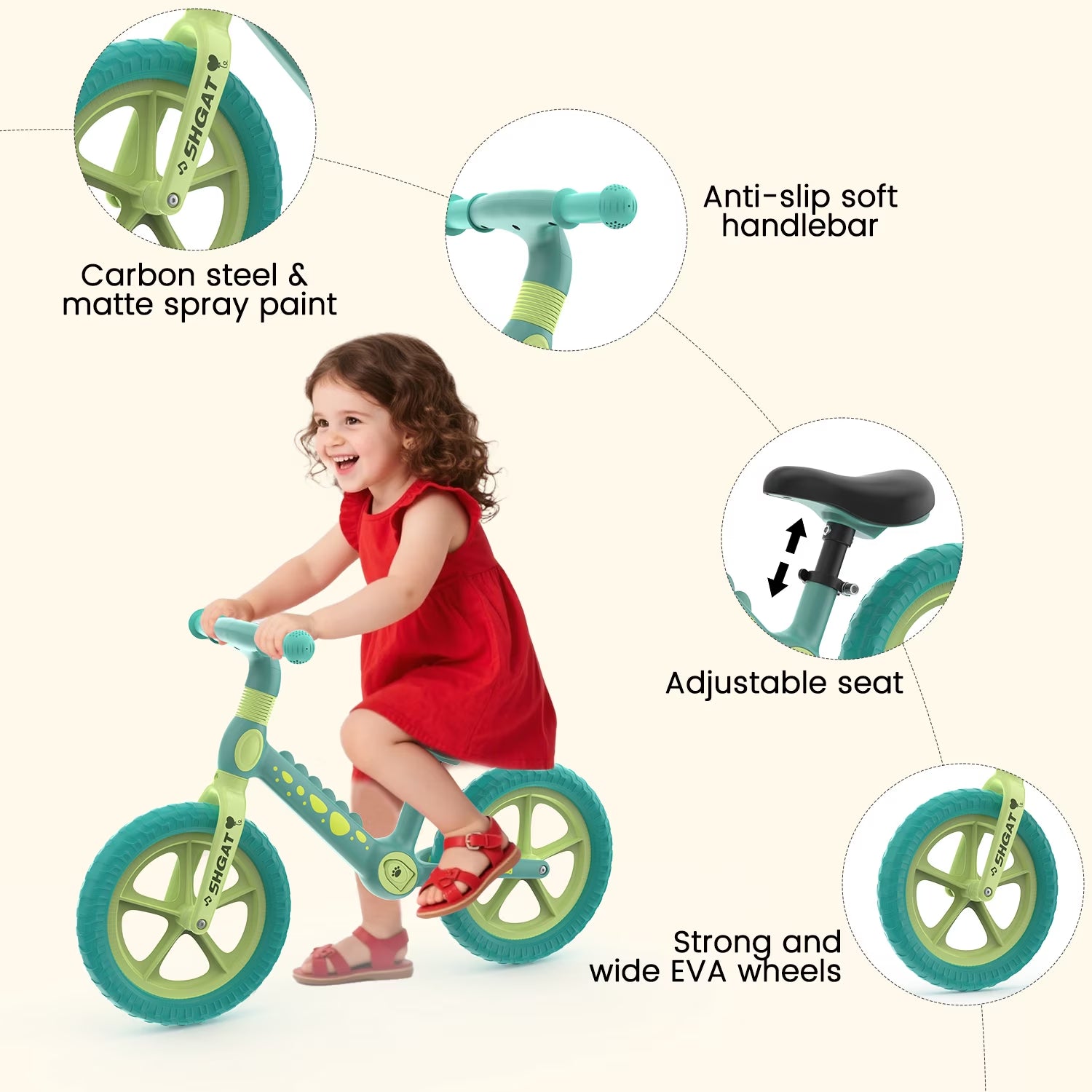 Balance Bike Toys for Toddlers 18+ Months, Dinosaur Balance Bike with Adjustable Handlebar and Seat, No Pedals Bike Gift for Kids, Green