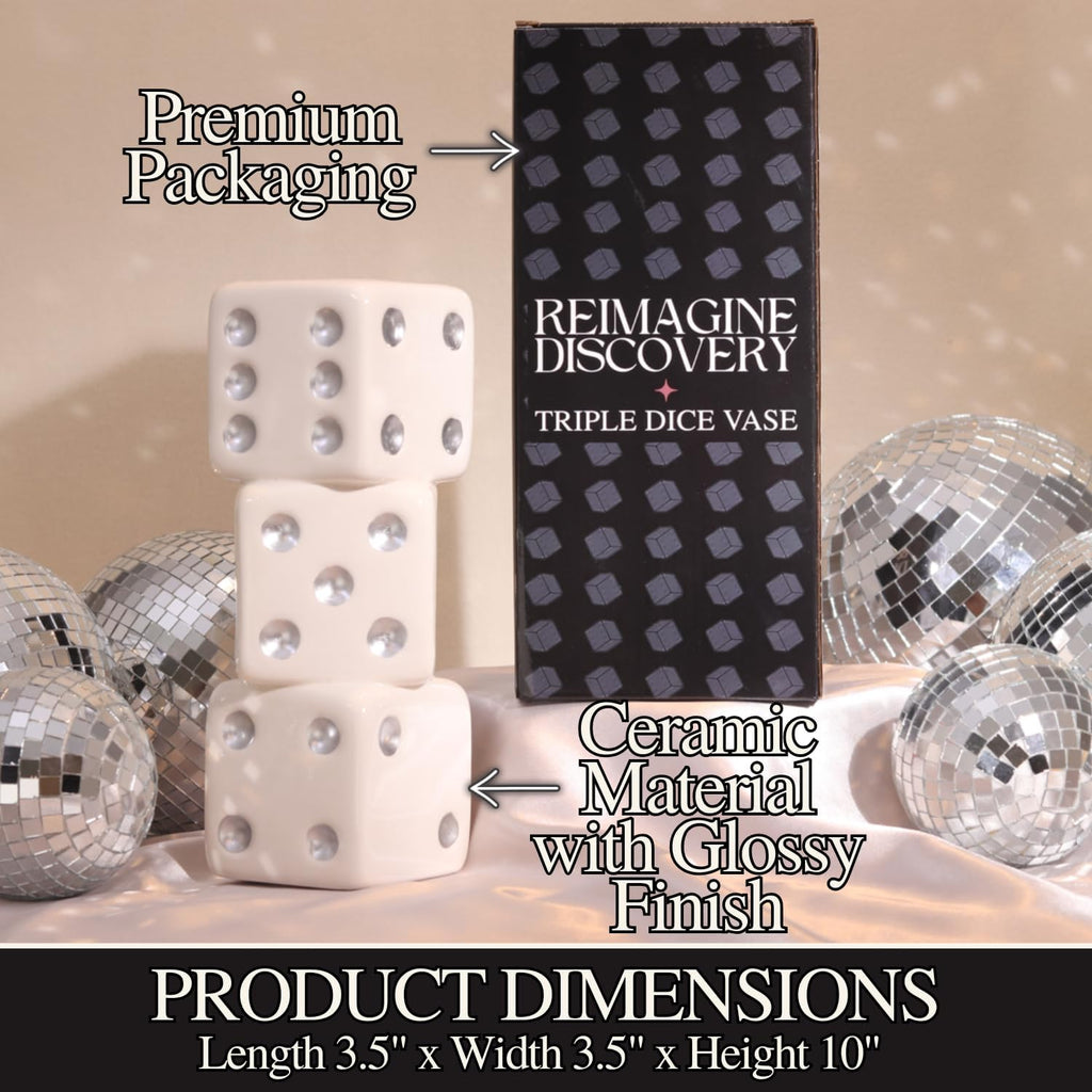 White & Silver Triple Dice Vase, Maximalist Decor Ceramic Flower Vase, Retro Home Decor for Desk, Shelf, Table, Bar Cart & Vanity, Unique, Funky, Trendy & Cool Room Decor