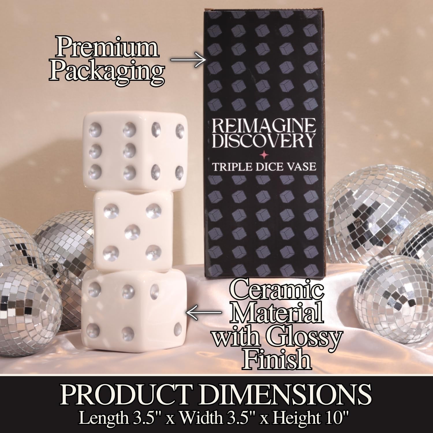 White & Silver Triple Dice Vase, Maximalist Decor Ceramic Flower Vase, Retro Home Decor for Desk, Shelf, Table, Bar Cart & Vanity, Unique, Funky, Trendy & Cool Room Decor