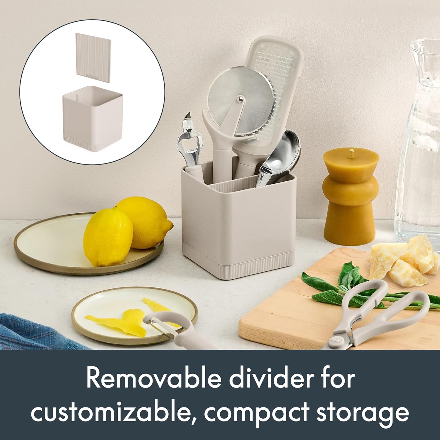 7-Piece Modular Gadget Set, Grater, Pizza Cutter, Ice Cream Scoop, Peeler, Shears, Bottle Opener, Crock with Removable Divider, Dishwasher Safe, Oatmilk
