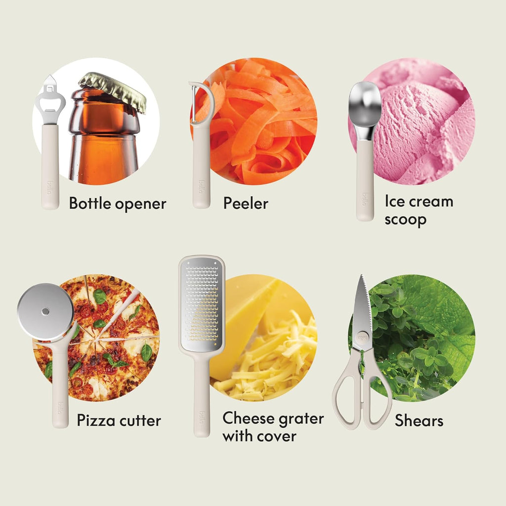 7-Piece Modular Gadget Set, Grater, Pizza Cutter, Ice Cream Scoop, Peeler, Shears, Bottle Opener, Crock with Removable Divider, Dishwasher Safe, Oatmilk