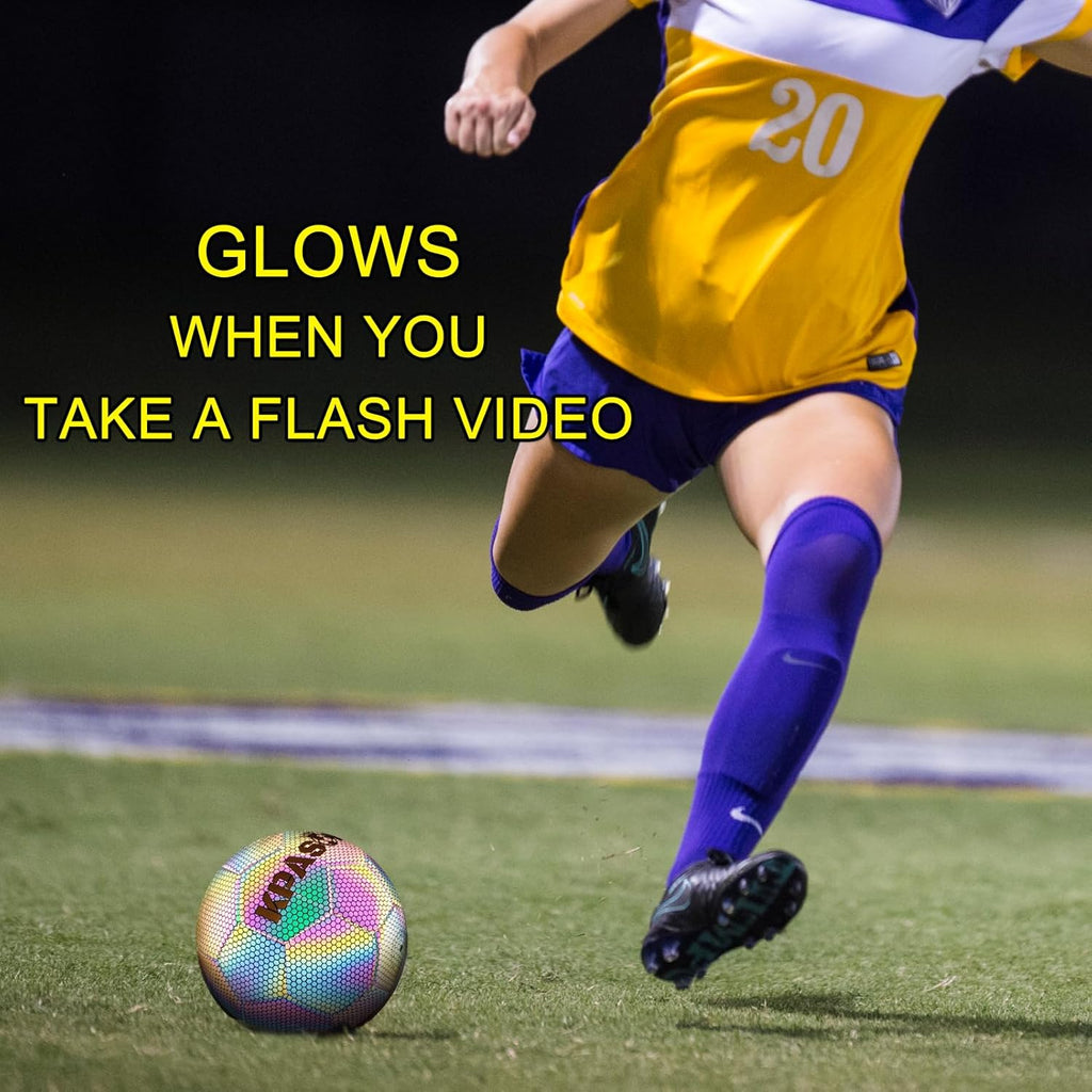 Soccer Ball, Holographic Reflective Glowing Soccer Ball Size 4/5 for Men Women Training, with Pump and Carry Bag