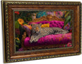 Retro Gold Framed Cheetah Lying on Pink Sofa Canvas Wall Art Eclectic Leopard Wall Decor Pictures Maximalist Animal Portrait Poster Prints for Living Room Home Bedroom Home Decoration 12X16In