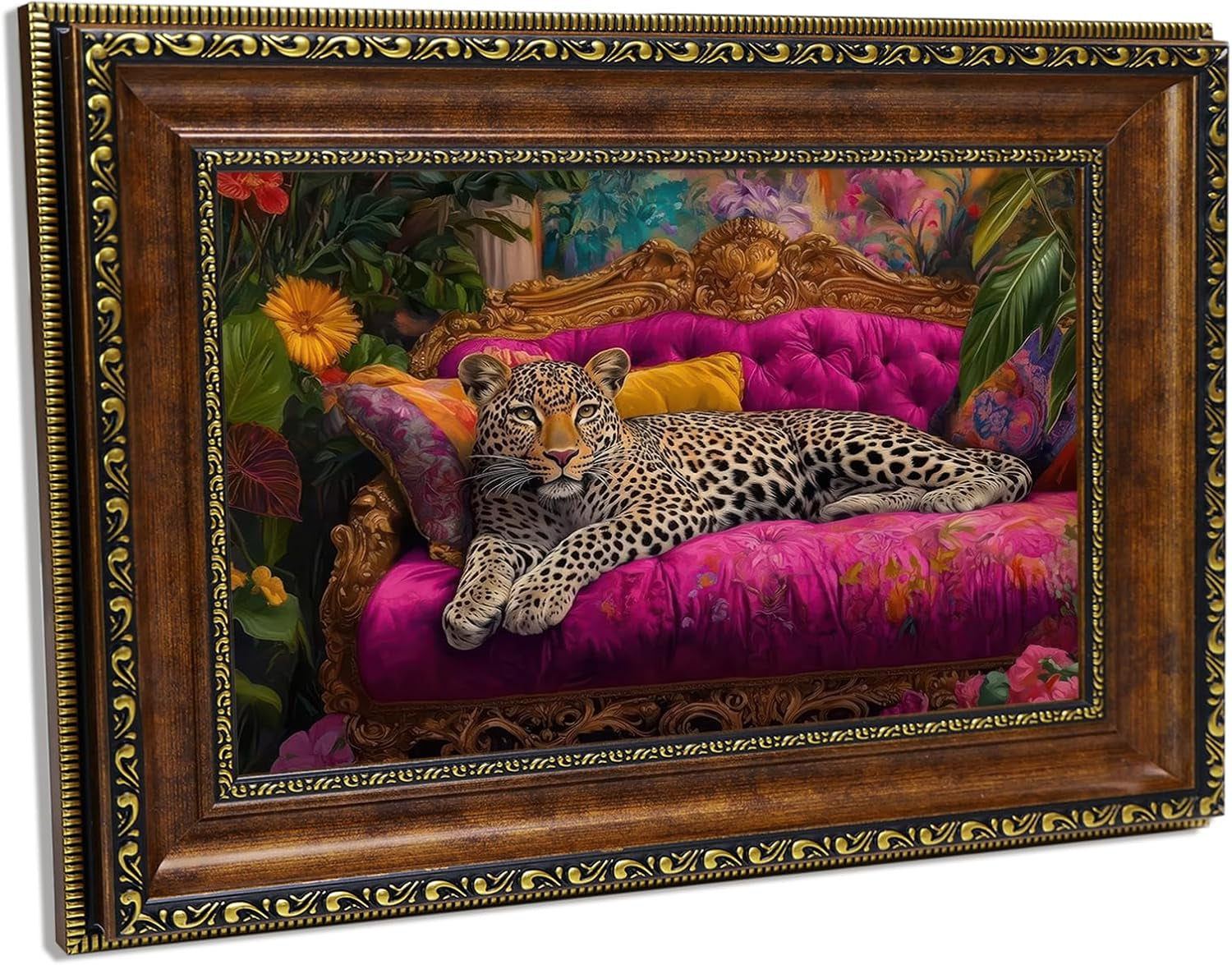 Retro Gold Framed Cheetah Lying on Pink Sofa Canvas Wall Art Eclectic Leopard Wall Decor Pictures Maximalist Animal Portrait Poster Prints for Living Room Home Bedroom Home Decoration 12X16In