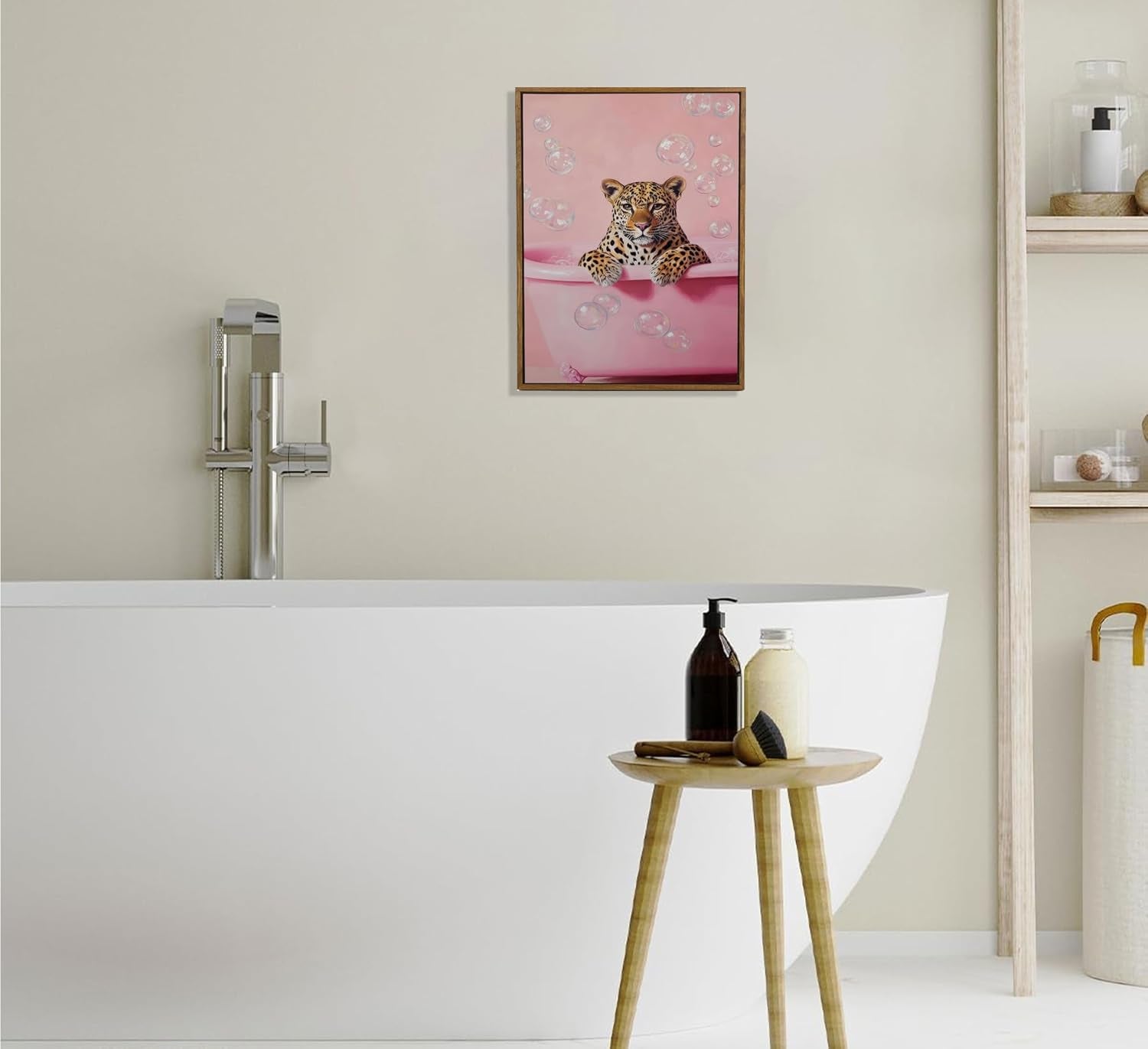Framed Cheetah Bathroom Wall Art Pink Leopard in Bathtub Canvas Poster Funny Leopard Bathroom Print Maximalist Art Painting Trendy Bath Bubbles Wall Decor Ready to Hang