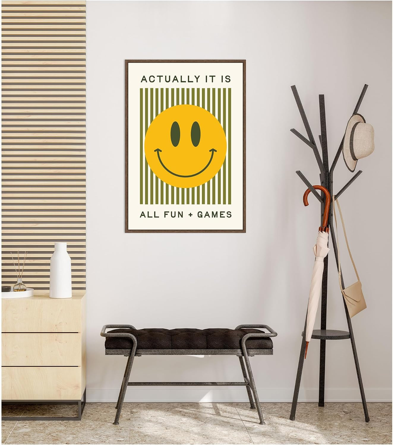 Framed Canvas Wall Art Print It Is All Fun and Games Striped Poster, Dopamine Decor, Smiley Face Retro Print by Lucky Guava, 23 X 33 Sylvie Walnut Frame, Modern Contemporary,