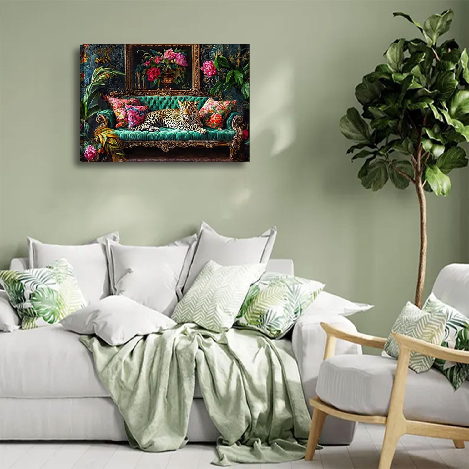 Cheetah Lying on Vintage Sofa Canvas Wall Art Eclectic Leopard Wall Decor Pictures Dopamine Animal Portrait Poster Prints for Living Room Home Bedroom Home Decoration 24X36In Ready to Hang
