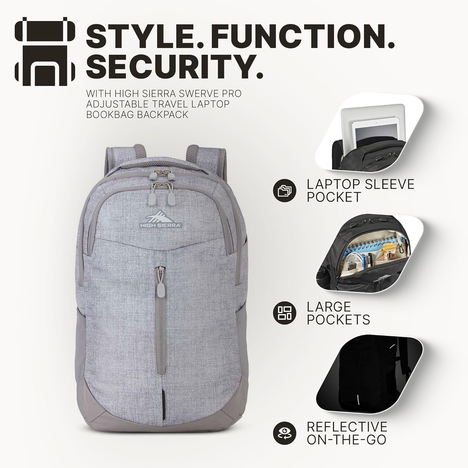 Swerve Pro Adjustable Travel or Work Laptop Bookbag Backpack with Laptop Hammock and Water Bottle Compartments, Silver Heather