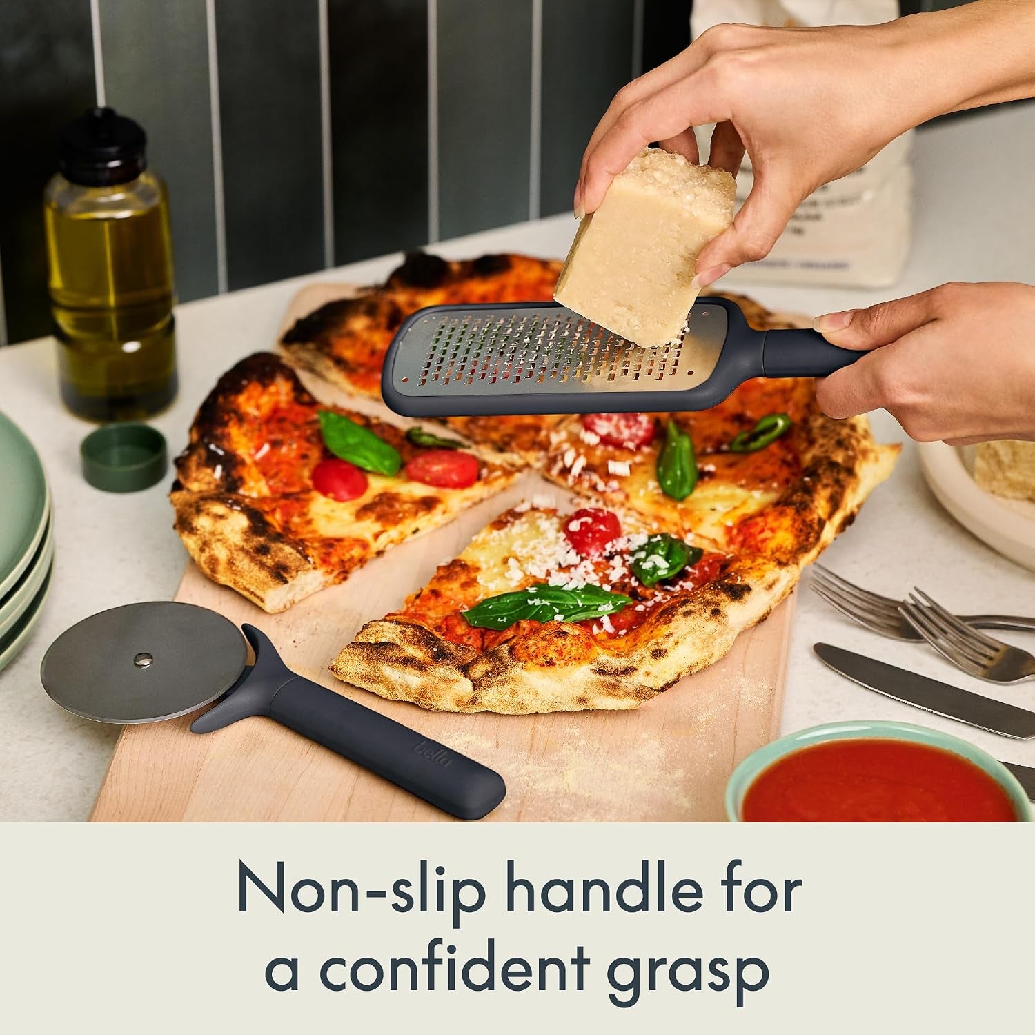 7-Piece Modular Gadget Set, Grater, Pizza Cutter, Ice Cream Scoop, Peeler, Shears, Bottle Opener, Crock with Removable Divider, Dishwasher Safe, Slate