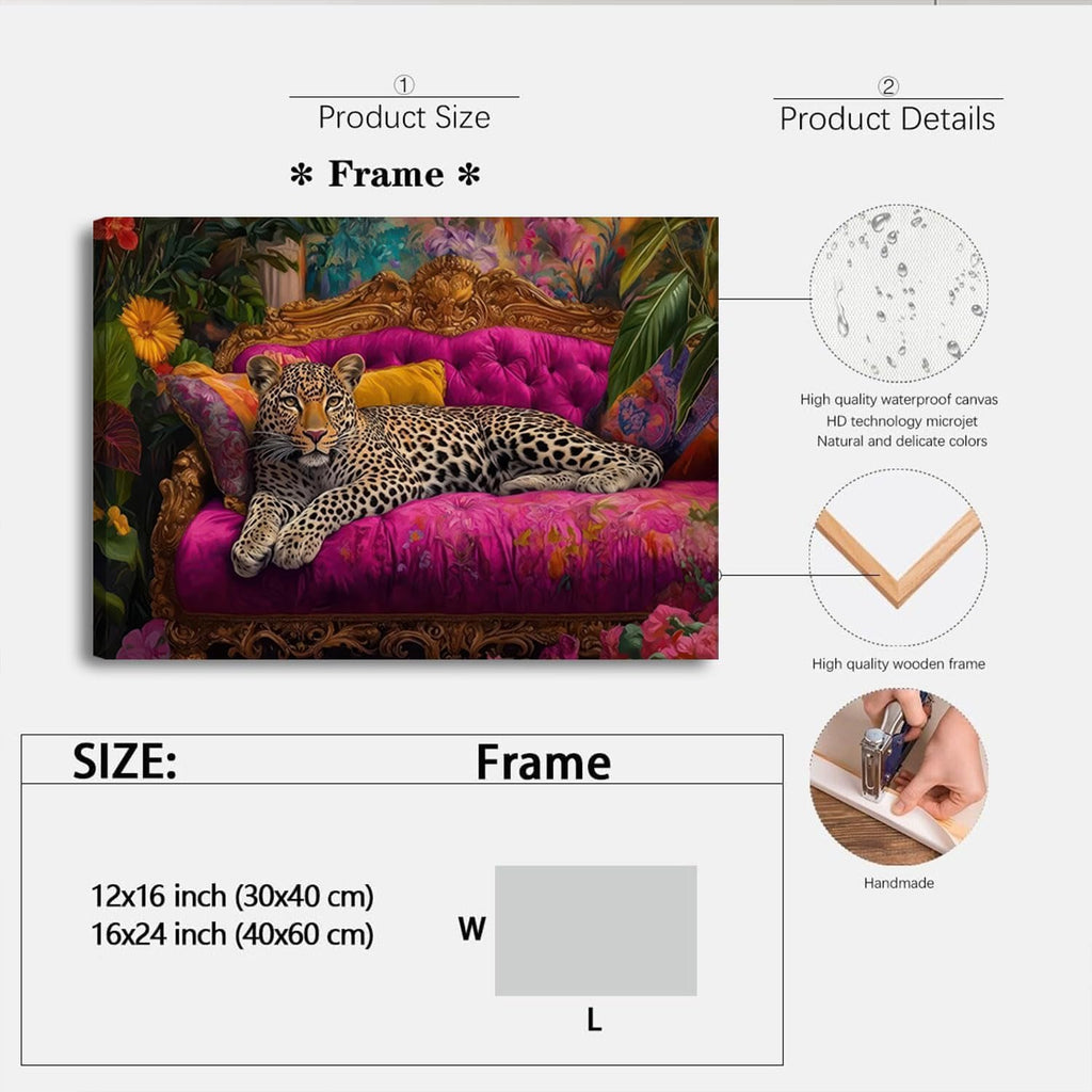 Cheetah Lying on Pink Sofa Canvas Wall Art Eclectic Leopard Wall Decor Pictures Maximalist Animal Portrait Poster Prints for Living Room Home Bedroom Home Decoration 12X16In Ready to Hang