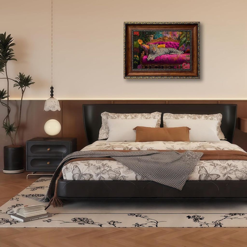 Retro Gold Framed Cheetah Lying on Pink Sofa Canvas Wall Art Eclectic Leopard Wall Decor Pictures Maximalist Animal Portrait Poster Prints for Living Room Home Bedroom Home Decoration 12X16In
