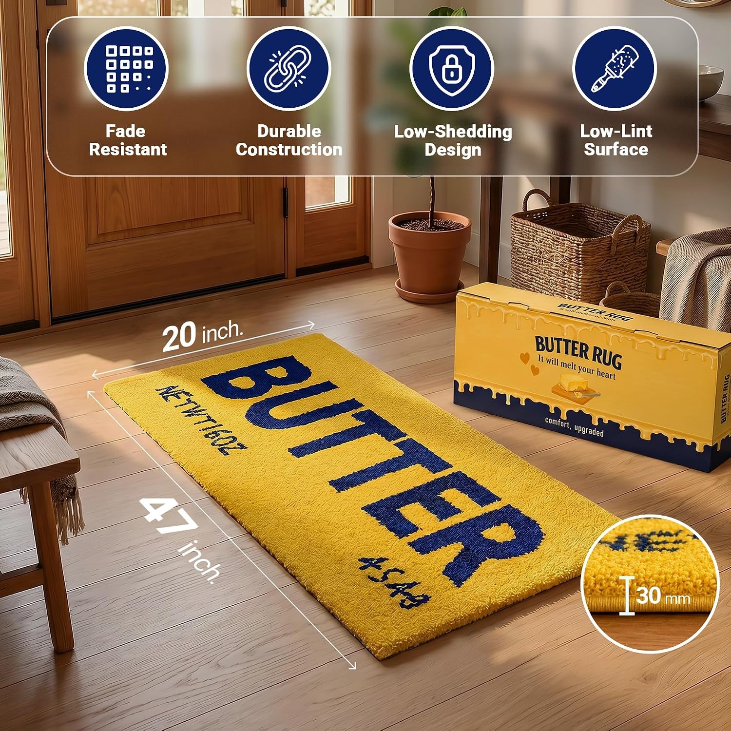 Bright Yellow Butter Rug - Washable Ultra Soft Plush Shaggy Non Slip Kitchen Mat - 47"X20" Fluffy Indoor Accent Rug for Living Room, Bedroom or Entryway