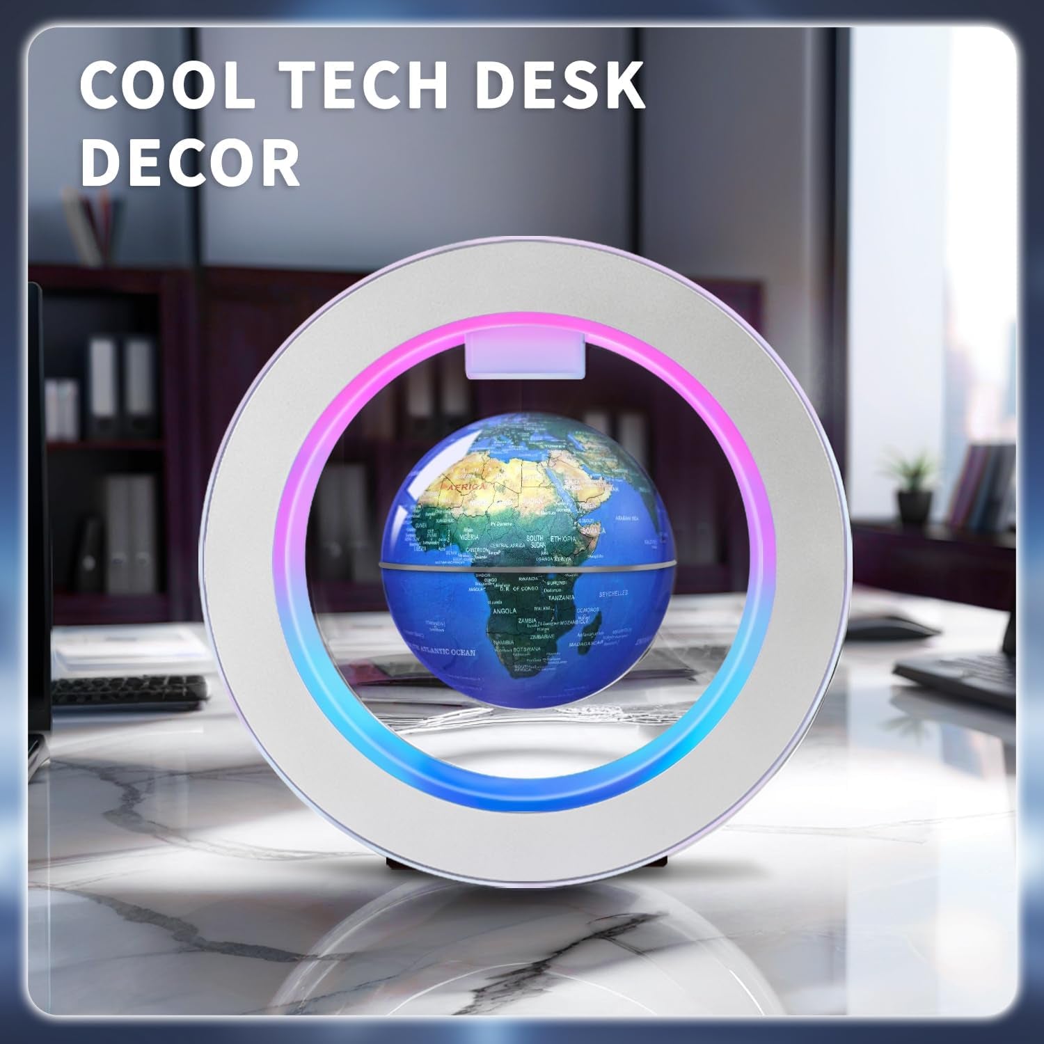 Floating Globe O Frame, Magnetic Levitating Technolog, Cool Gadgets for Men, 4In World Globe for Education Office Home Desk Decor, Cool Tech Gifts for Holiday Parties Birthday