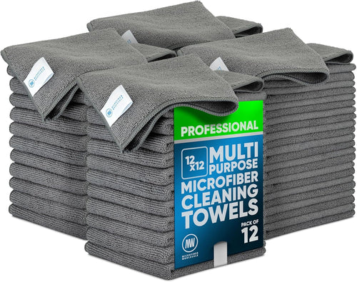 12" X 12" MW Pro Multi-Surface Microfiber Cleaning Cloths | Gray - 48 Pack | Premium Microfiber Towels for Cleaning Glass, Kitchens, Bathrooms, Automotive, Supplies & Products