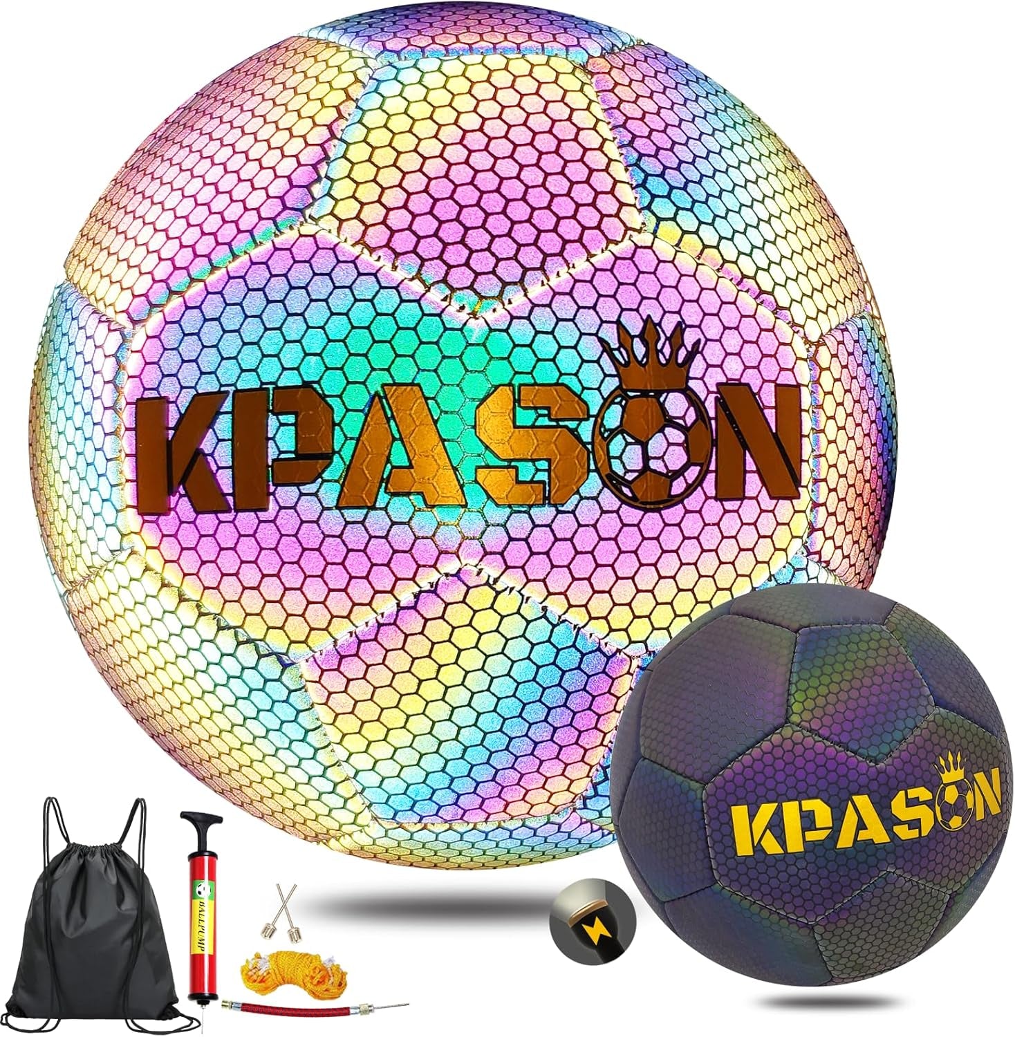 Soccer Ball, Holographic Reflective Glowing Soccer Ball Size 4/5 for Men Women Training, with Pump and Carry Bag