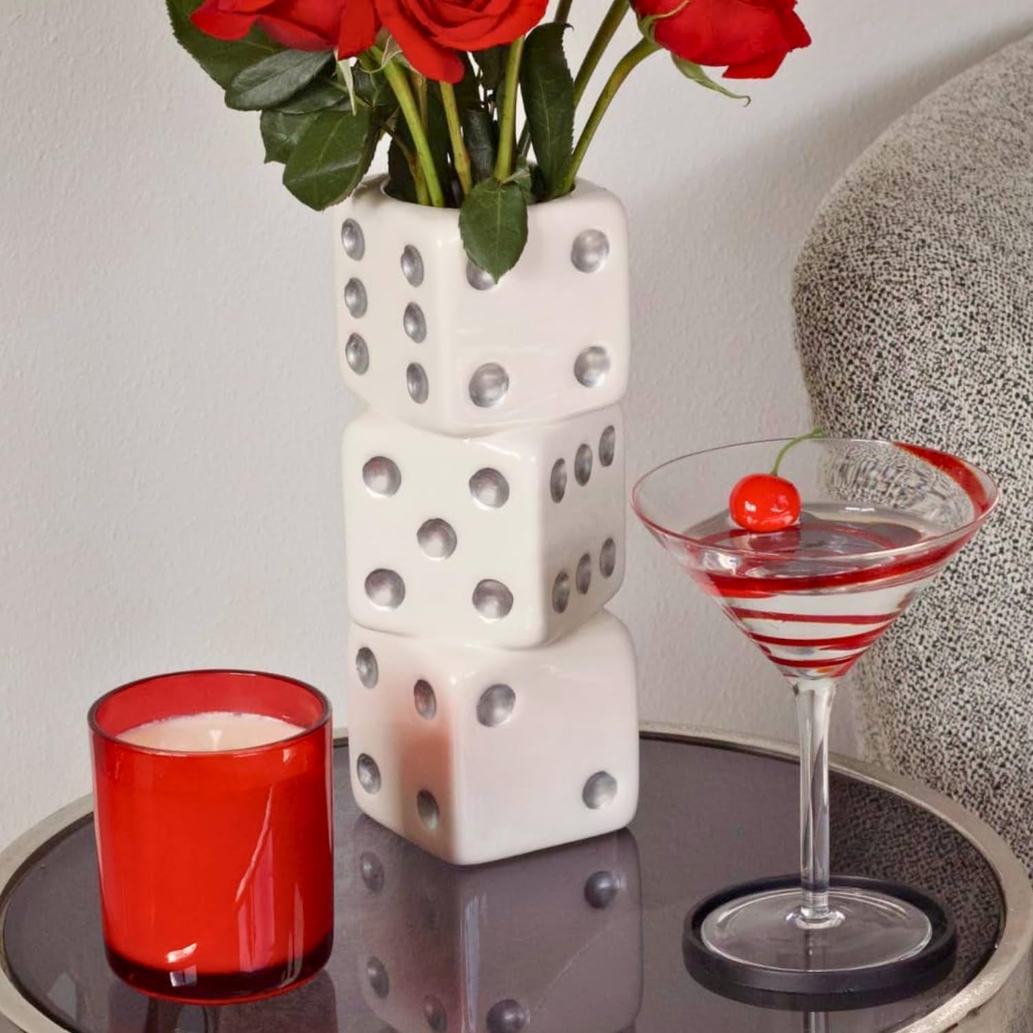 White & Silver Triple Dice Vase, Maximalist Decor Ceramic Flower Vase, Retro Home Decor for Desk, Shelf, Table, Bar Cart & Vanity, Unique, Funky, Trendy & Cool Room Decor