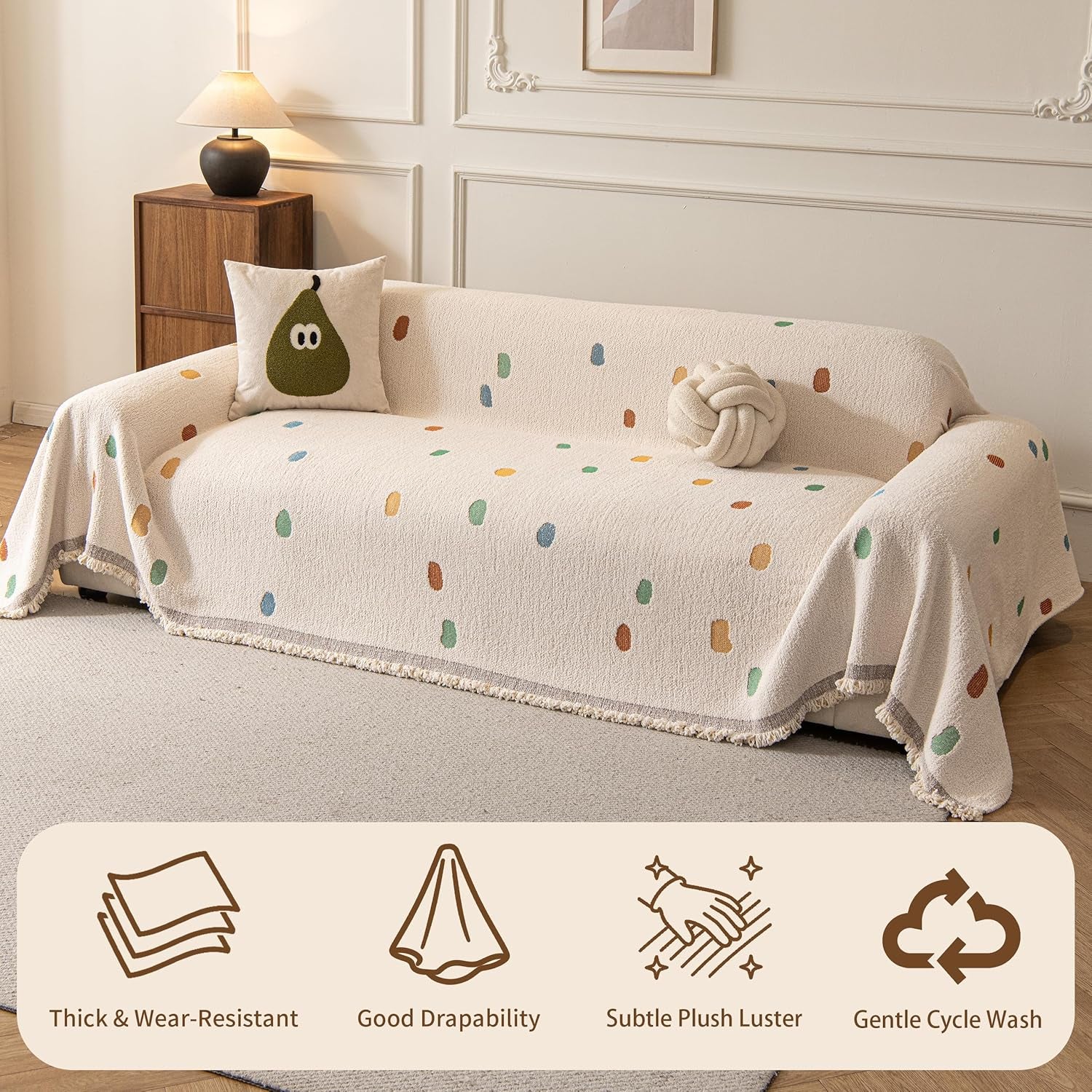 Couch Covers for Dogs, Sofa Covers for 3 Cushion Couch, Plush Couch Blanket Cover Sectional Washable, Sofa Slipcover Protector, Slip Covers for Sofas High-Gram Weight, Dots Beige, 71" ×118"
