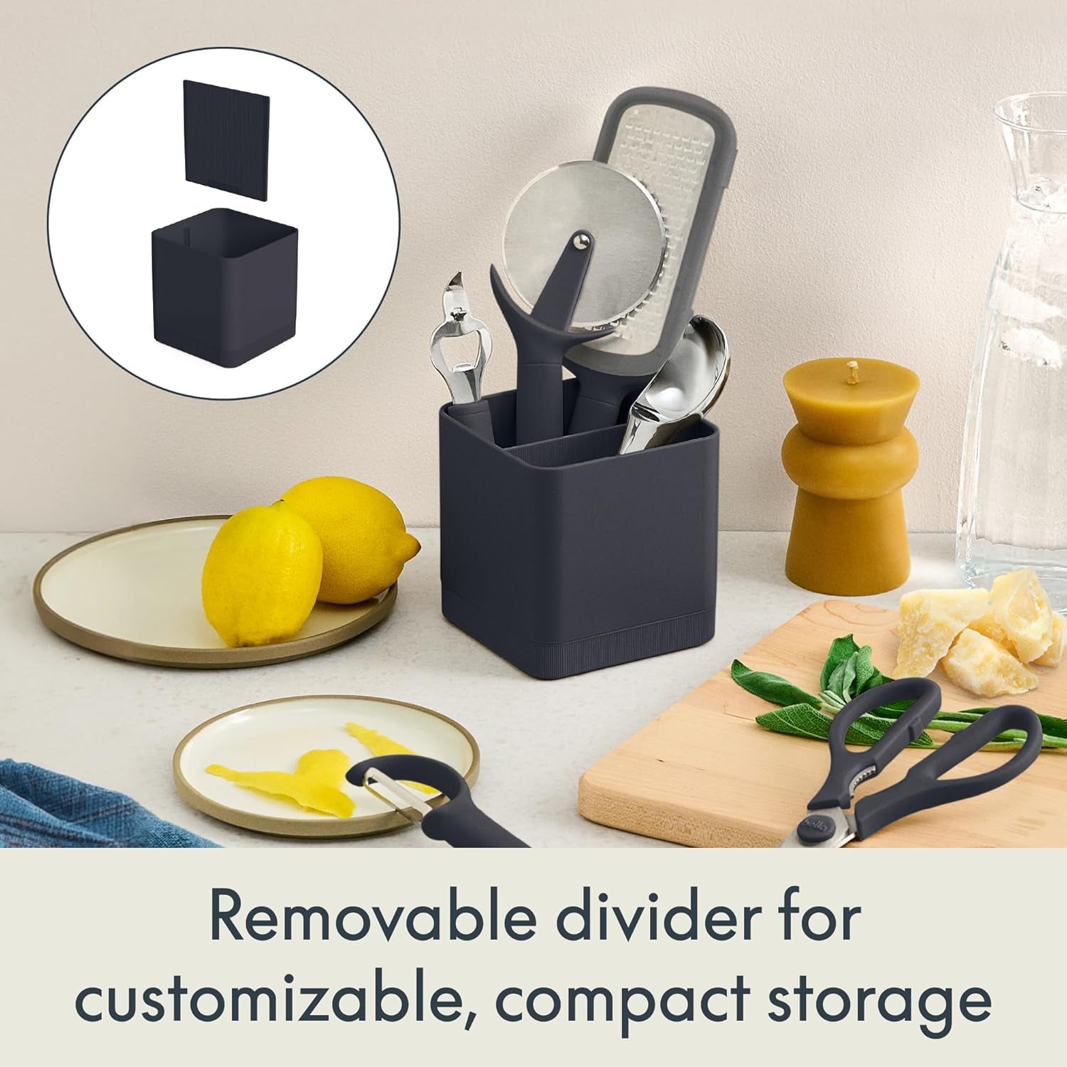 7-Piece Modular Gadget Set, Grater, Pizza Cutter, Ice Cream Scoop, Peeler, Shears, Bottle Opener, Crock with Removable Divider, Dishwasher Safe, Slate