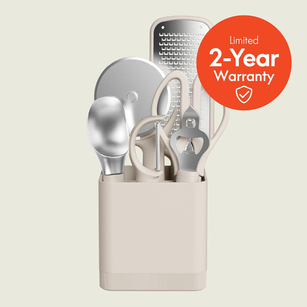 7-Piece Modular Gadget Set, Grater, Pizza Cutter, Ice Cream Scoop, Peeler, Shears, Bottle Opener, Crock with Removable Divider, Dishwasher Safe, Oatmilk