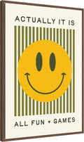 Framed Canvas Wall Art Print It Is All Fun and Games Striped Poster, Dopamine Decor, Smiley Face Retro Print by Lucky Guava, 23 X 33 Sylvie Walnut Frame, Modern Contemporary,