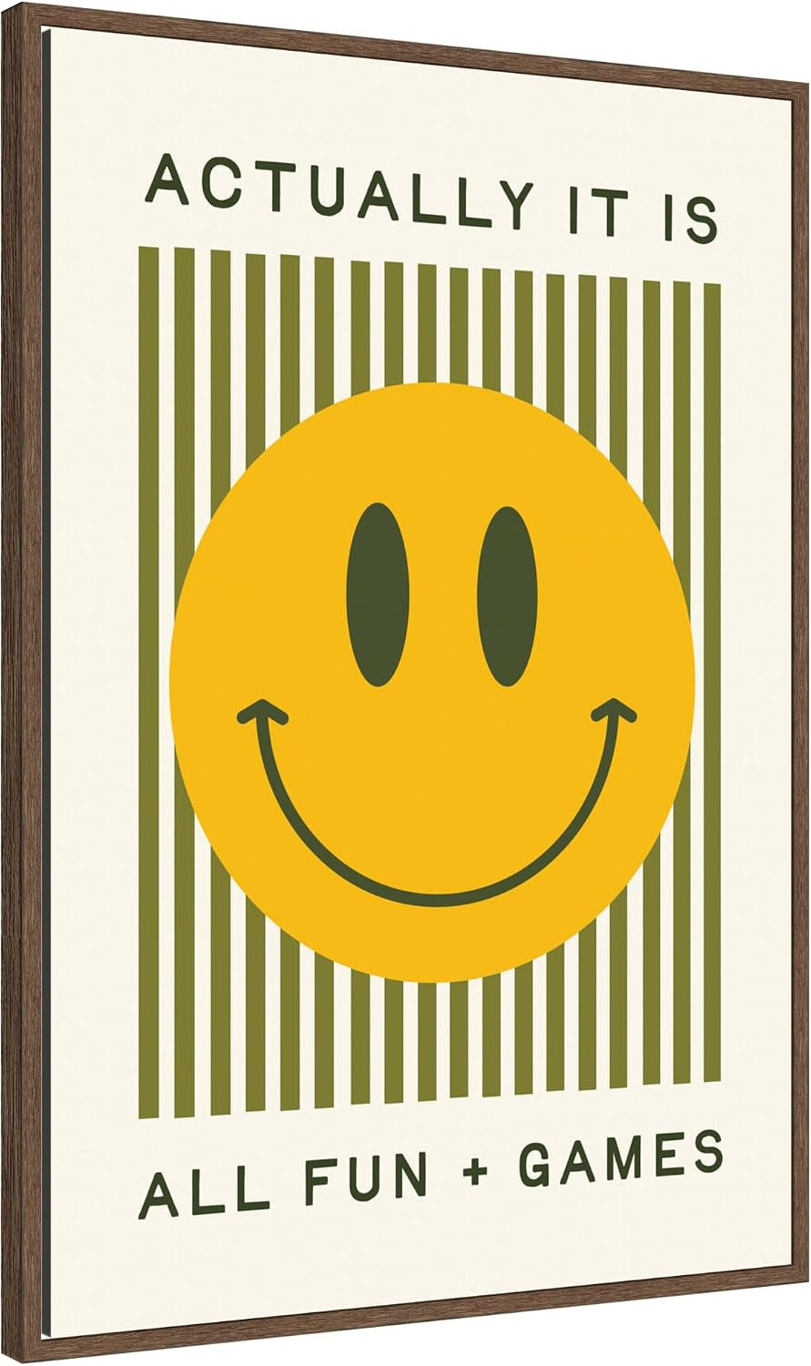 Framed Canvas Wall Art Print It Is All Fun and Games Striped Poster, Dopamine Decor, Smiley Face Retro Print by Lucky Guava, 23 X 33 Sylvie Walnut Frame, Modern Contemporary,