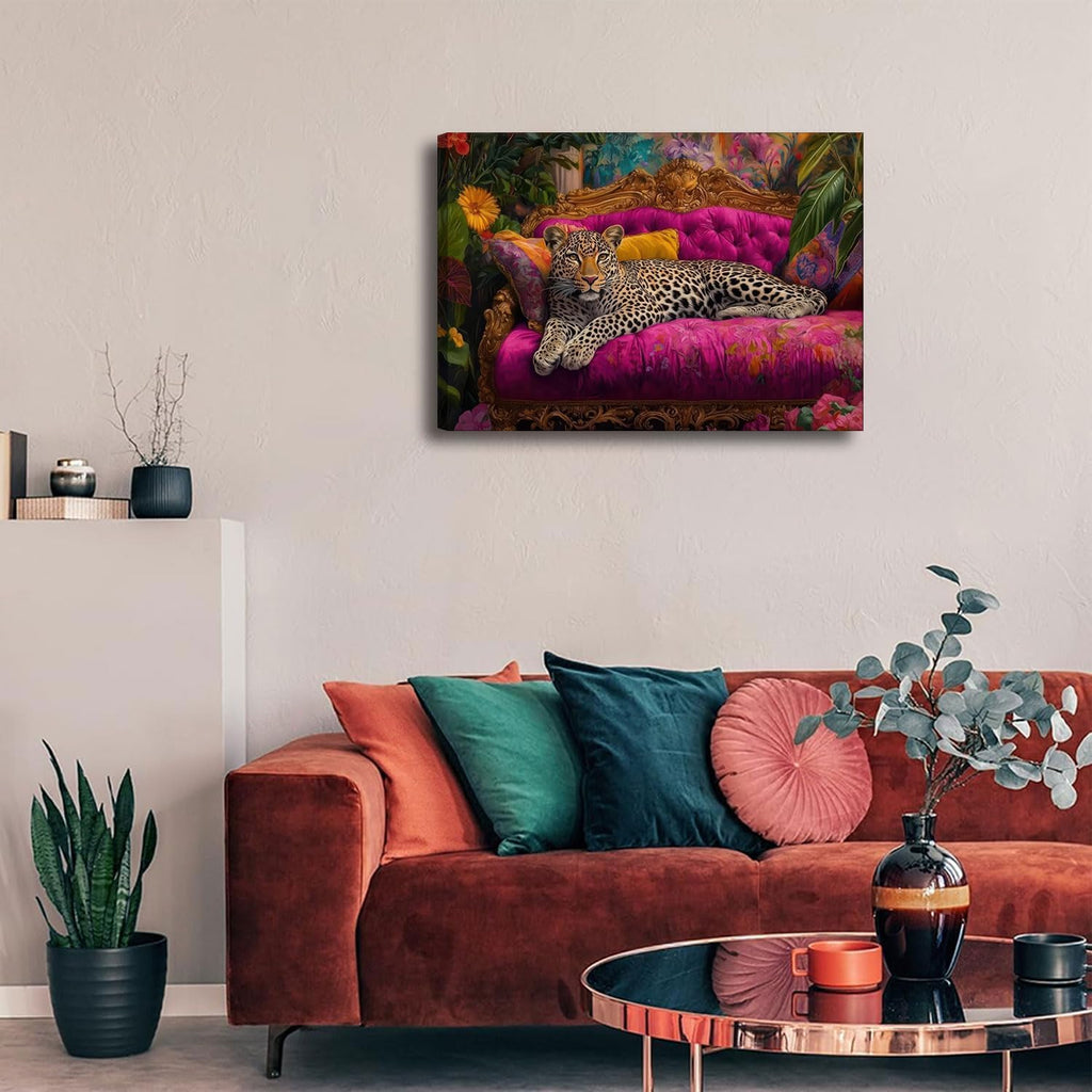 Cheetah Lying on Pink Sofa Canvas Wall Art Eclectic Leopard Wall Decor Pictures Maximalist Animal Portrait Poster Prints for Living Room Home Bedroom Home Decoration 12X16In Ready to Hang