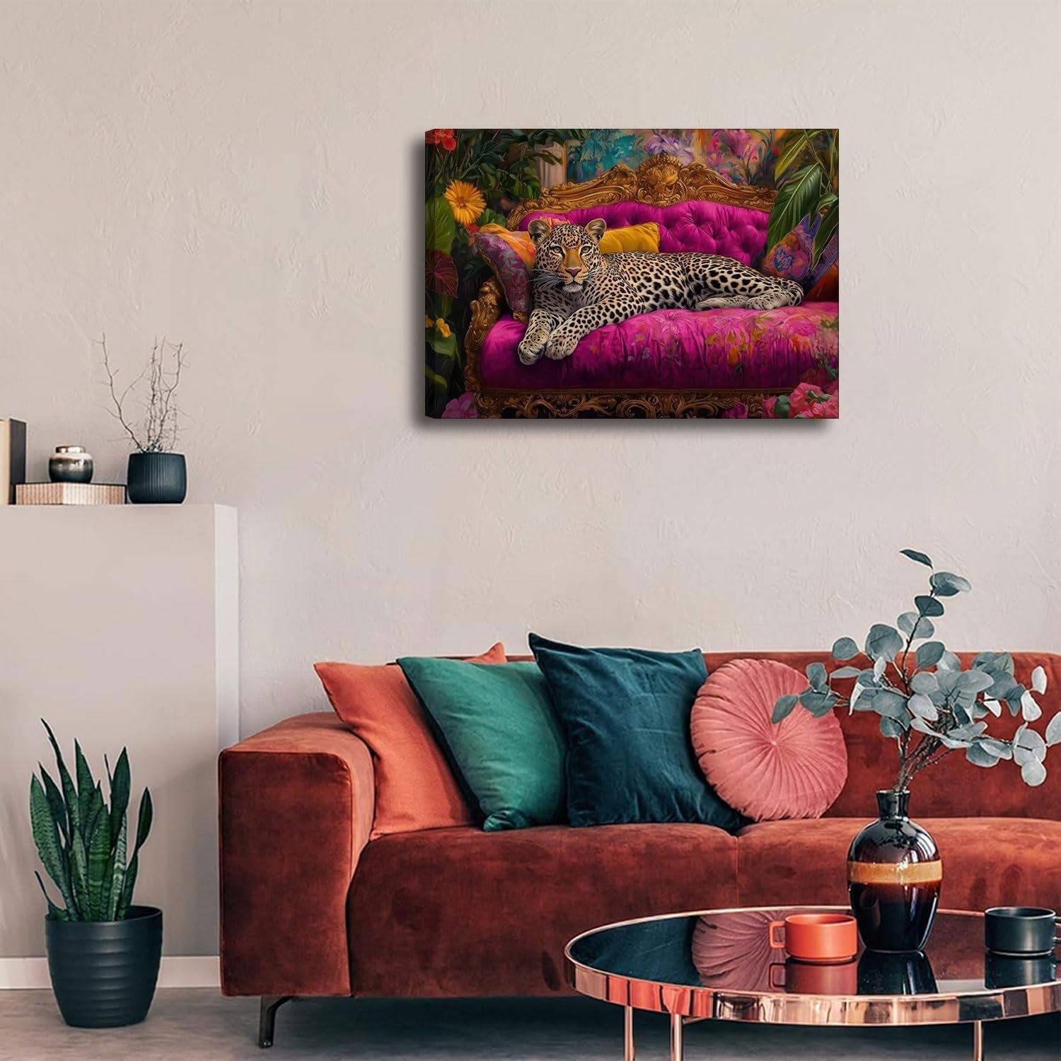 Cheetah Lying on Pink Sofa Canvas Wall Art Eclectic Leopard Wall Decor Pictures Maximalist Animal Portrait Poster Prints for Living Room Home Bedroom Home Decoration 12X16In Ready to Hang