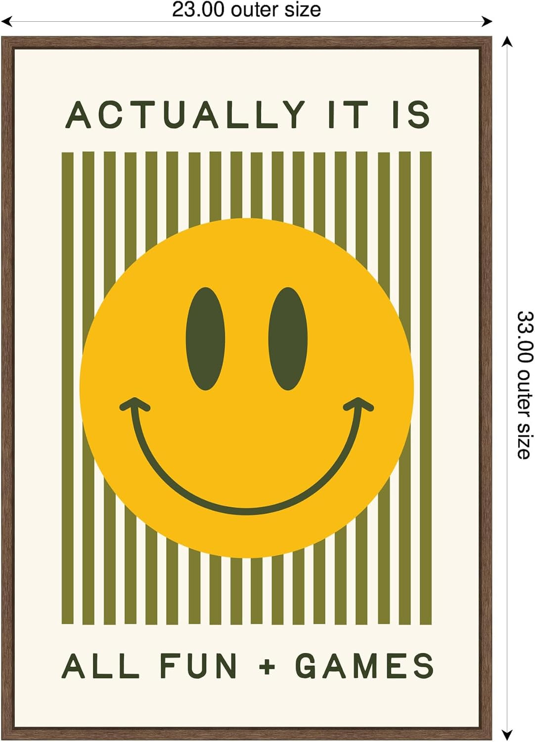 Framed Canvas Wall Art Print It Is All Fun and Games Striped Poster, Dopamine Decor, Smiley Face Retro Print by Lucky Guava, 23 X 33 Sylvie Walnut Frame, Modern Contemporary,