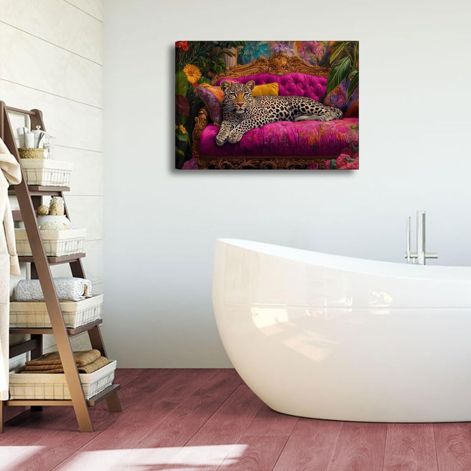 Cheetah Lying on Pink Sofa Canvas Wall Art Eclectic Leopard Wall Decor Pictures Maximalist Animal Portrait Poster Prints for Living Room Home Bedroom Home Decoration 12X16In Ready to Hang