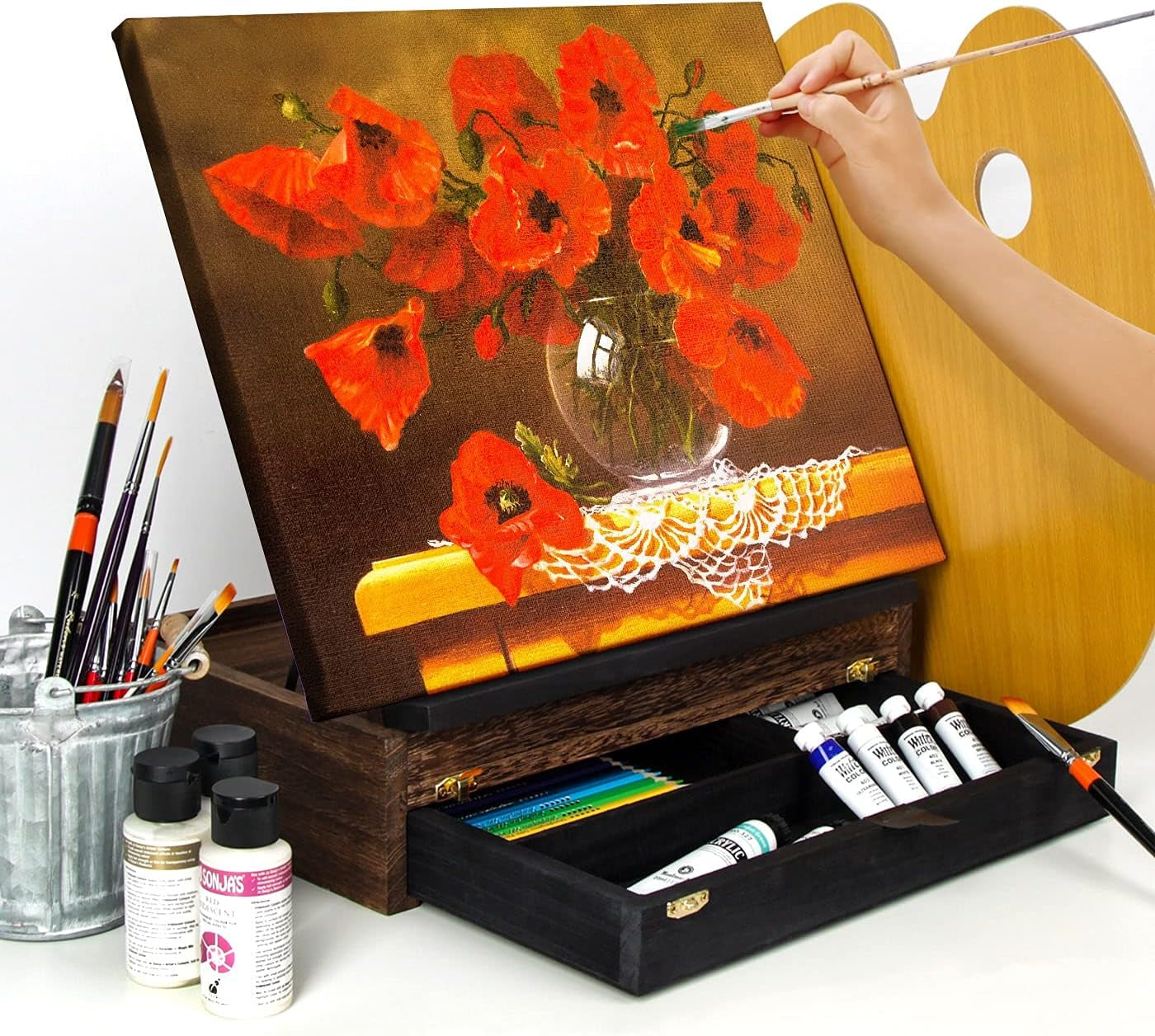 Rustic Wood Adjustable Portable Desktop Table Easel with Storage Drawer- Artist Easel Board for Canvas Painting, Drawing, Sketching Book Stand- MK704A
