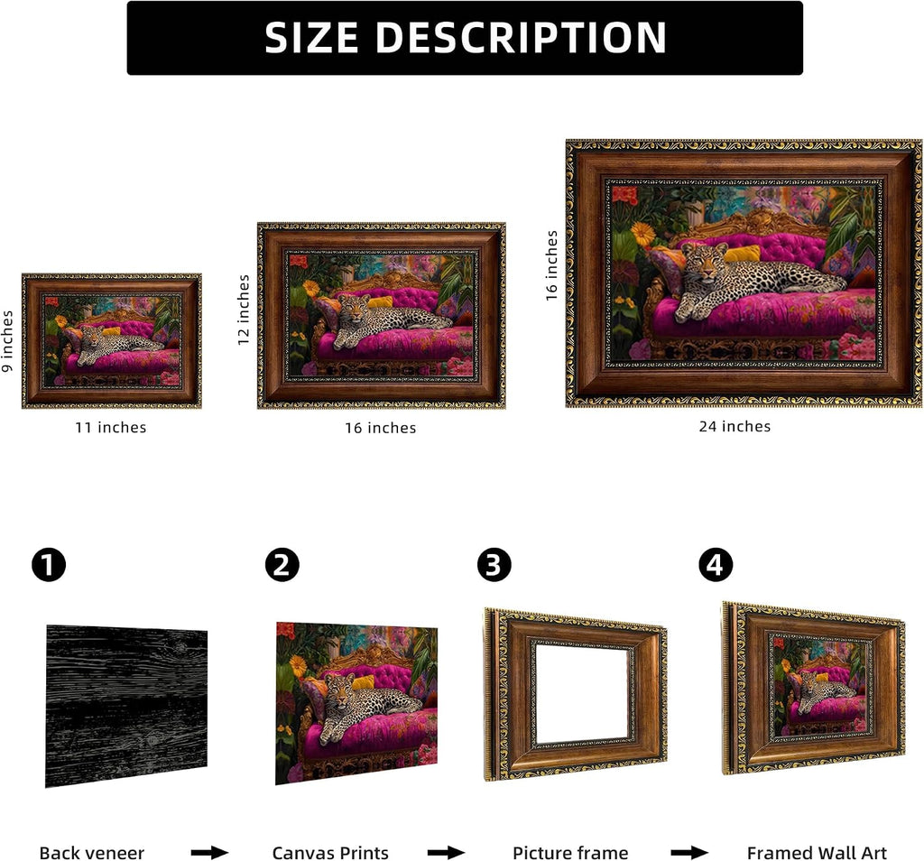Retro Gold Framed Cheetah Lying on Pink Sofa Canvas Wall Art Eclectic Leopard Wall Decor Pictures Maximalist Animal Portrait Poster Prints for Living Room Home Bedroom Home Decoration 12X16In