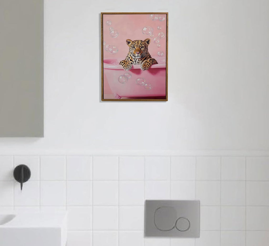 Framed Cheetah Bathroom Wall Art Pink Leopard in Bathtub Canvas Poster Funny Leopard Bathroom Print Maximalist Art Painting Trendy Bath Bubbles Wall Decor Ready to Hang