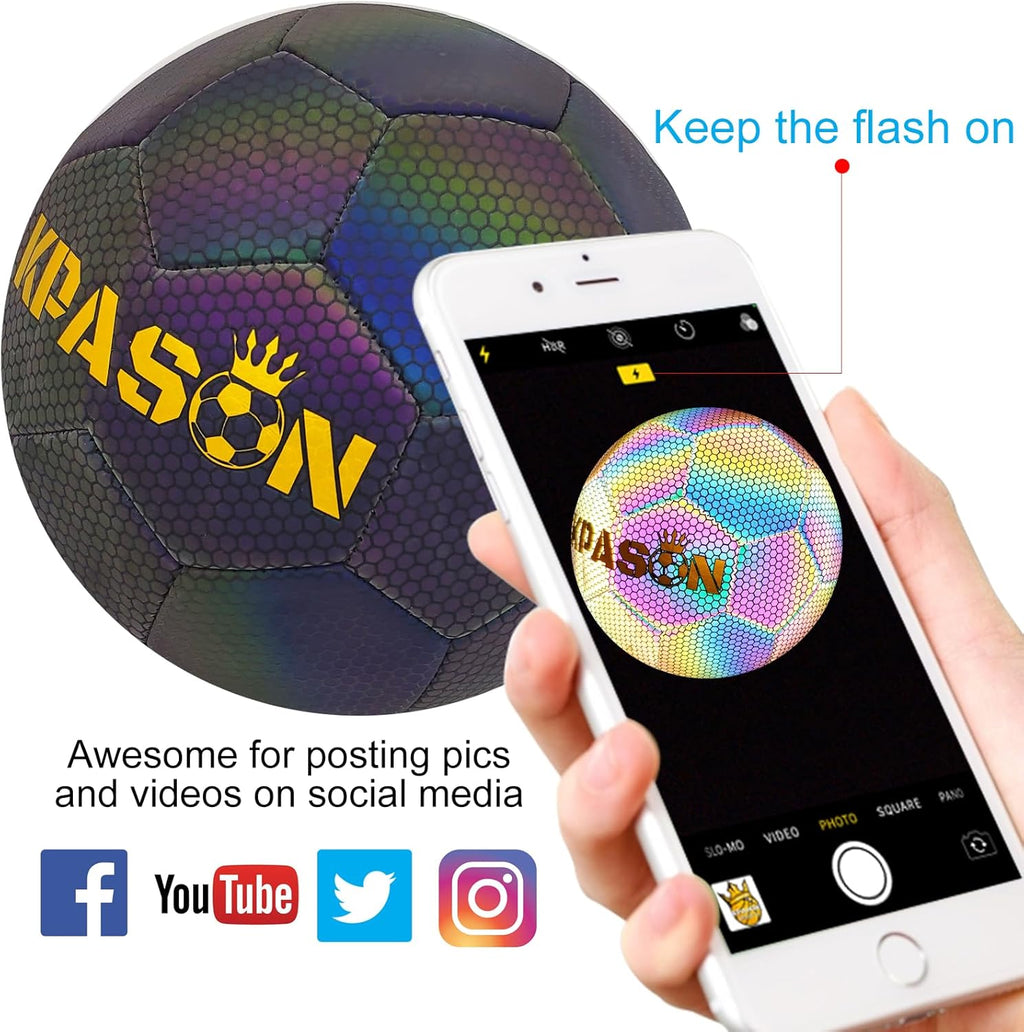 Soccer Ball, Holographic Reflective Glowing Soccer Ball Size 4/5 for Men Women Training, with Pump and Carry Bag