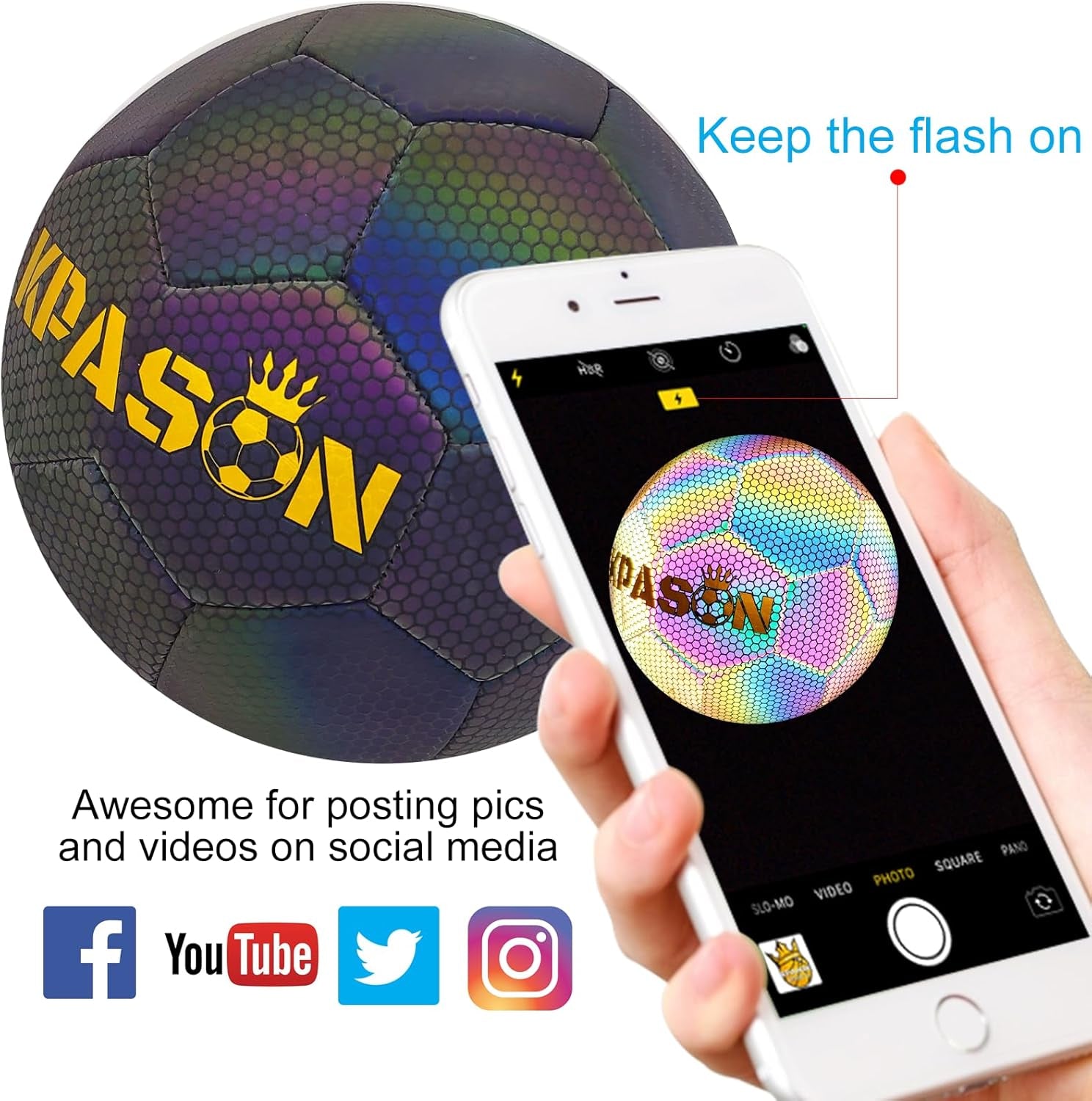 Soccer Ball, Holographic Reflective Glowing Soccer Ball Size 4/5 for Men Women Training, with Pump and Carry Bag