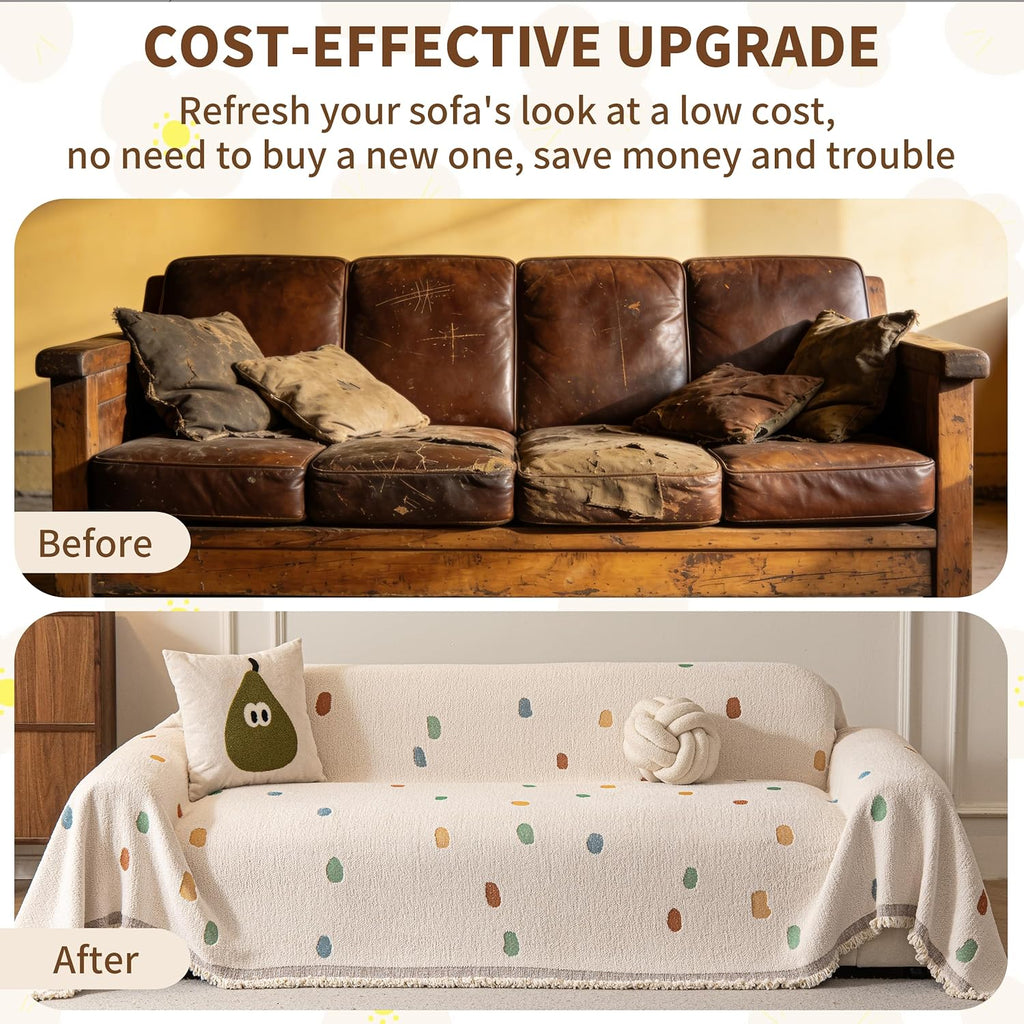 Couch Covers for Dogs, Sofa Covers for 3 Cushion Couch, Plush Couch Blanket Cover Sectional Washable, Sofa Slipcover Protector, Slip Covers for Sofas High-Gram Weight, Dots Beige, 71" ×118"